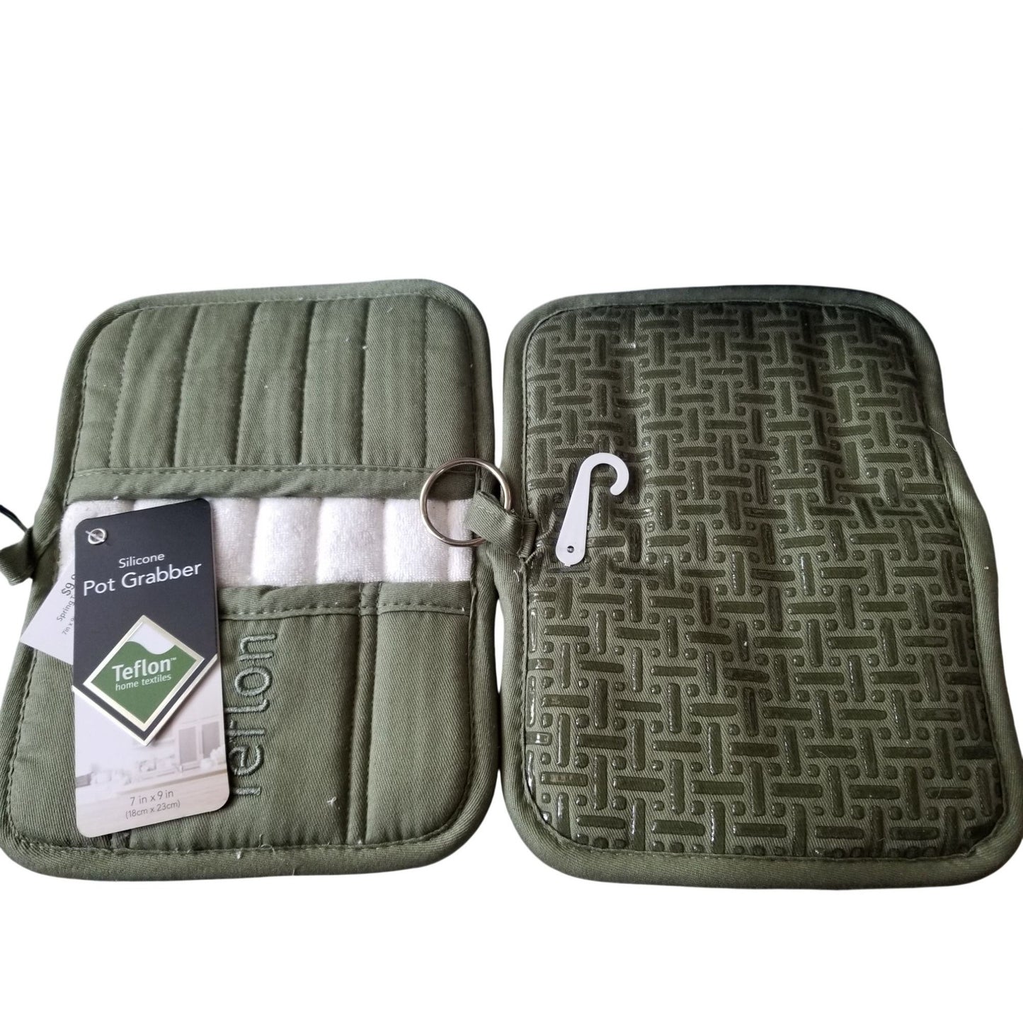 Kitchen Pot Holder Terry Cloth Liner Green  9"  x 7" Set of 2  Pockets Silicone  Teflon