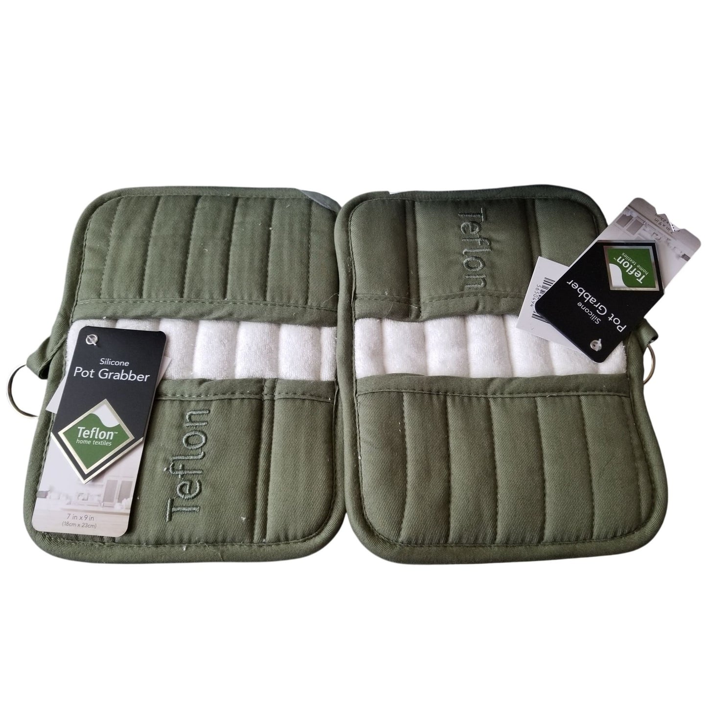 Kitchen Pot Holder Terry Cloth Liner Green  9"  x 7" Set of 2  Pockets Silicone  Teflon