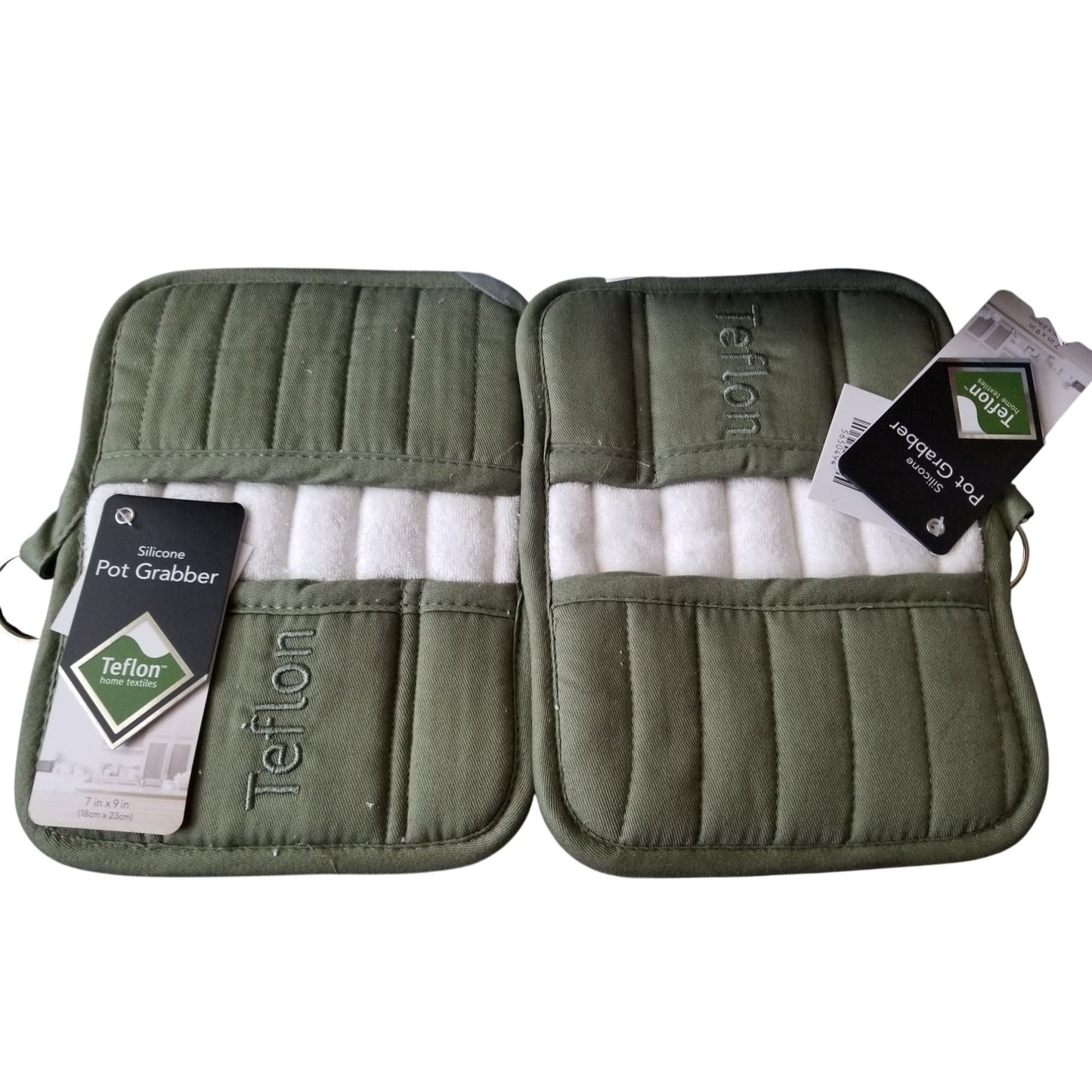 Kitchen Pot Holder Terry Cloth Liner Green  9"  x 7" Set of 2  Pockets Silicone  Teflon