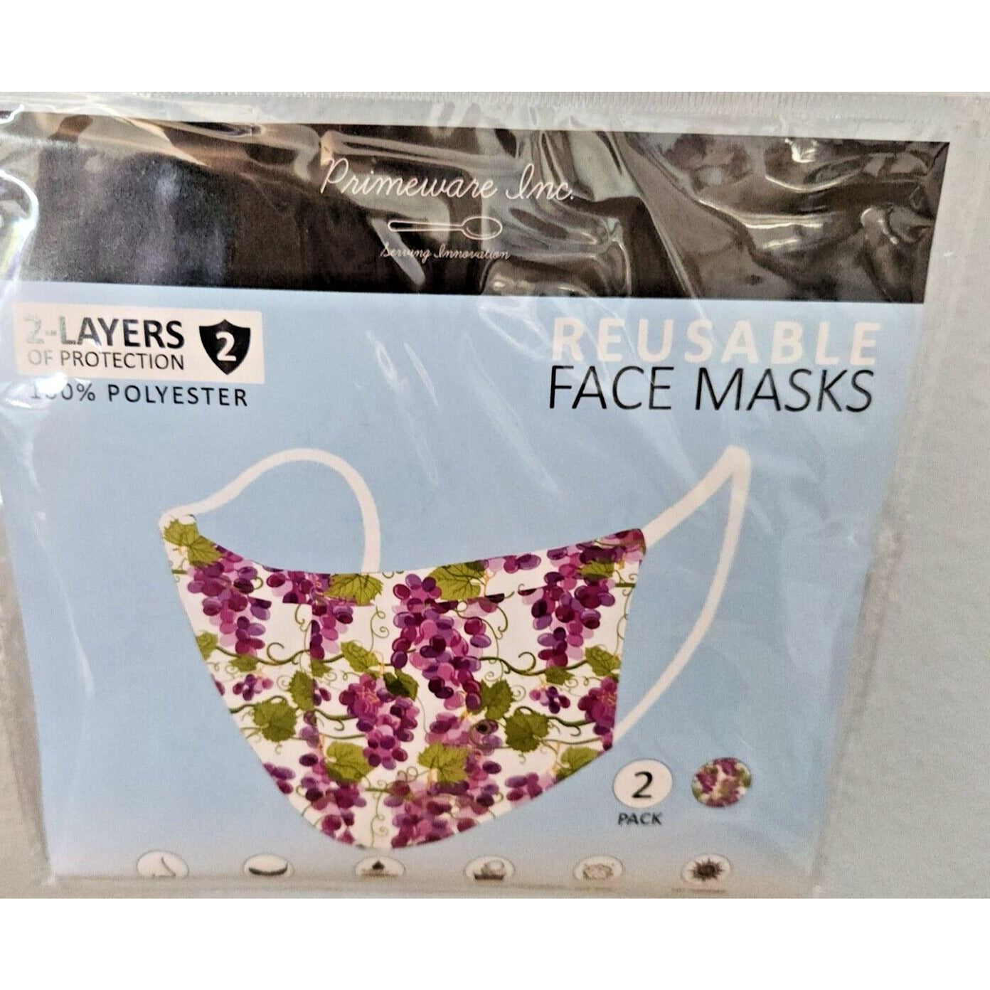 Mask Grapes Design Adult 2 pack 2 layers 100 % Polyester Washable Primeware