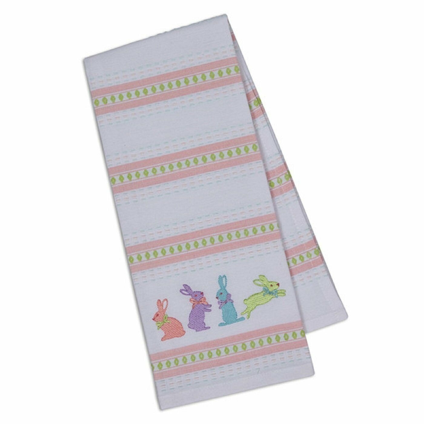 Kitchen Towel Design Imports Embroidered Bunnies Embellished 18 x 28 Pink Green Stripe 100% Cotton