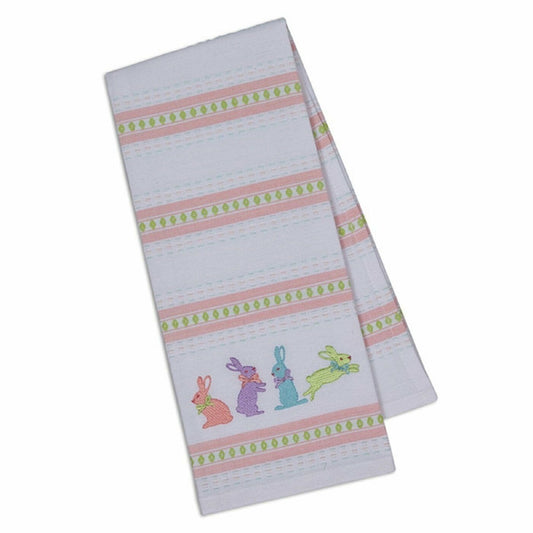 Kitchen Towel Design Imports Embroidered Bunnies Embellished 18 x 28 Pink Green Stripe 100% Cotton