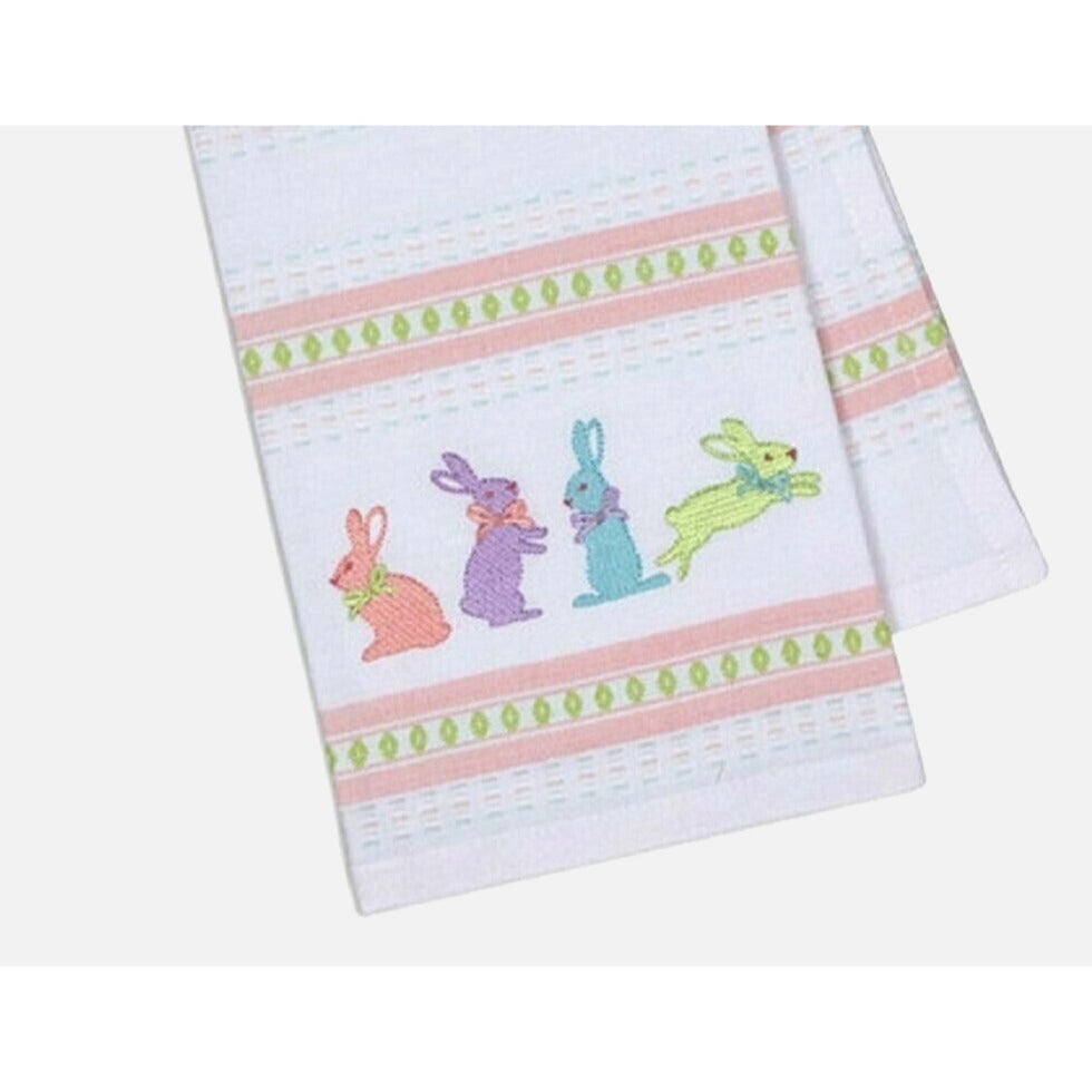 Kitchen Towel Design Imports Embroidered Bunnies Embellished 18 x 28 Pink Green Stripe 100% Cotton