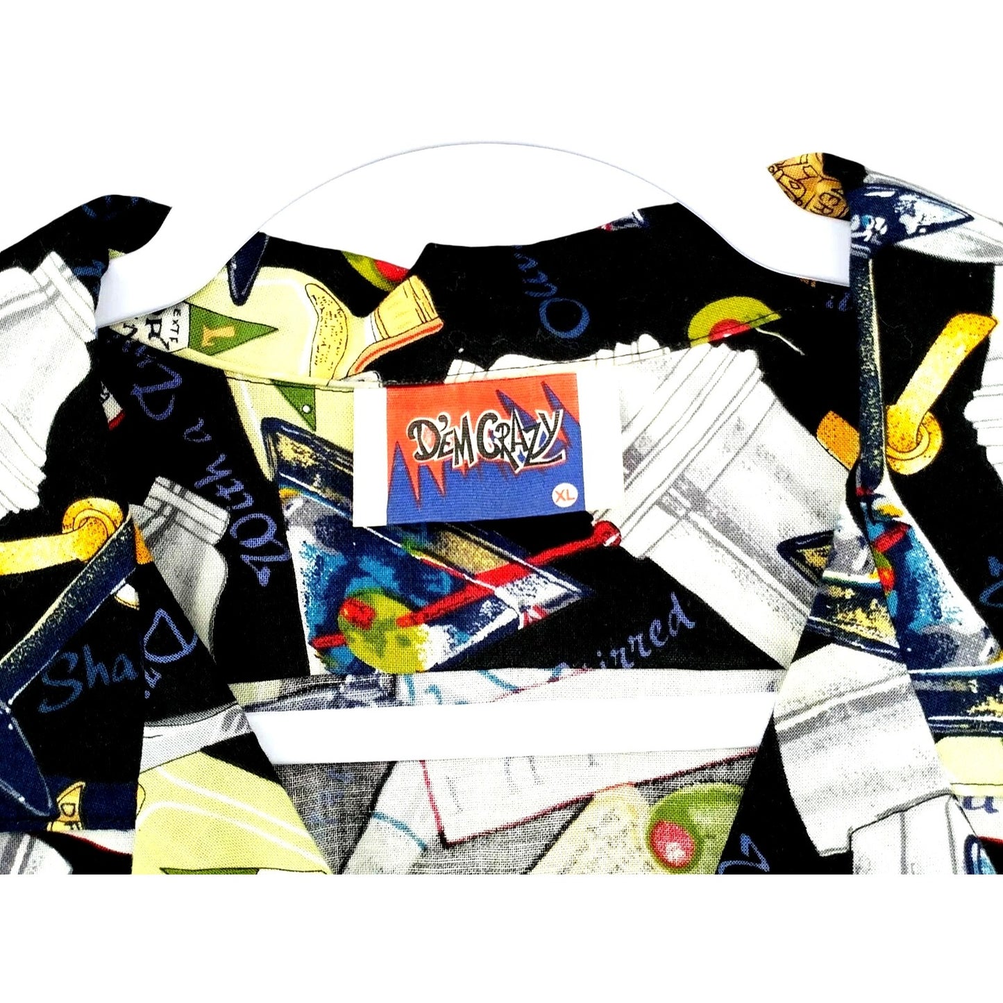 Dem'Crazy Vtg USA Made Hawaiian Camp Shirt Martini Cocktail Drink Theme Size XL