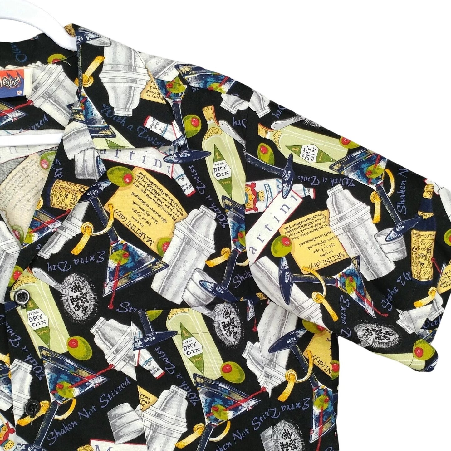 Dem'Crazy Vtg USA Made Hawaiian Camp Shirt Martini Cocktail Drink Theme Size XL