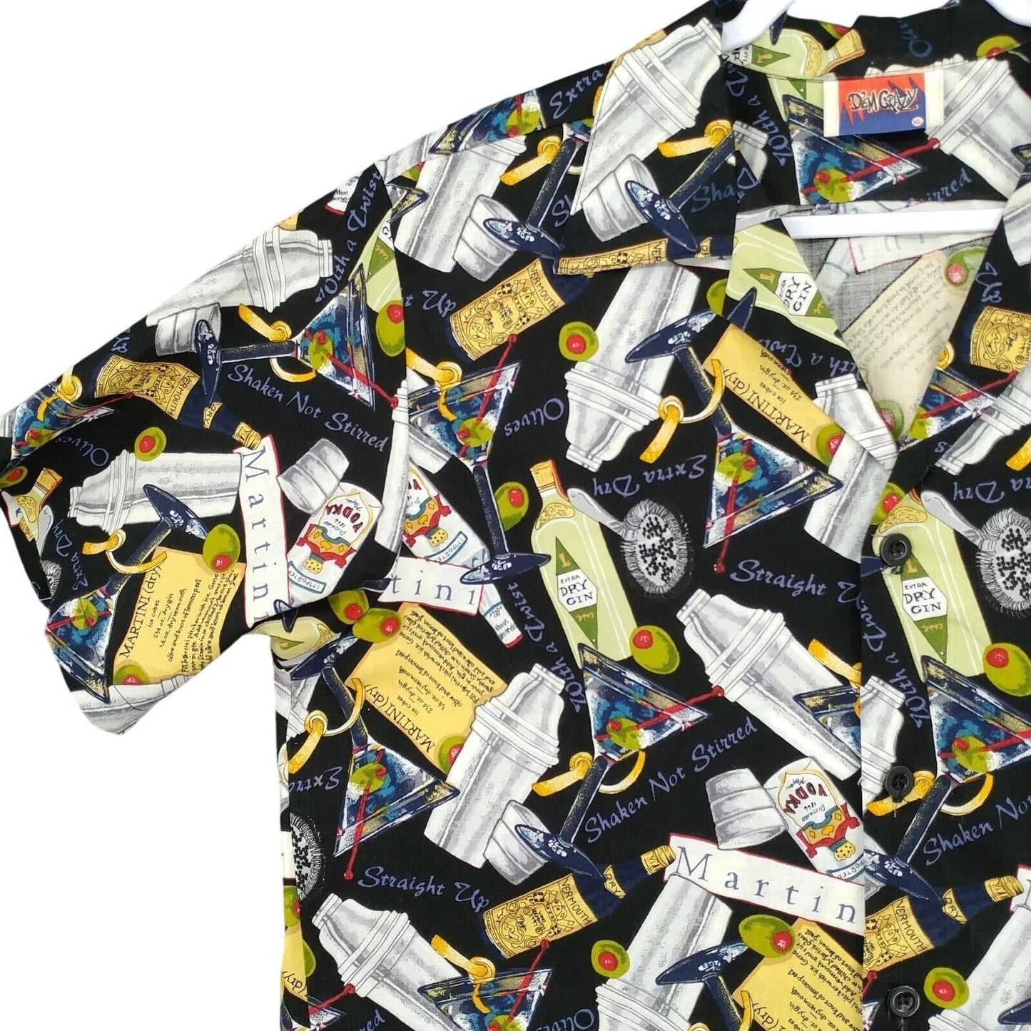 Dem'Crazy Vtg USA Made Hawaiian Camp Shirt Martini Cocktail Drink Theme Size XL