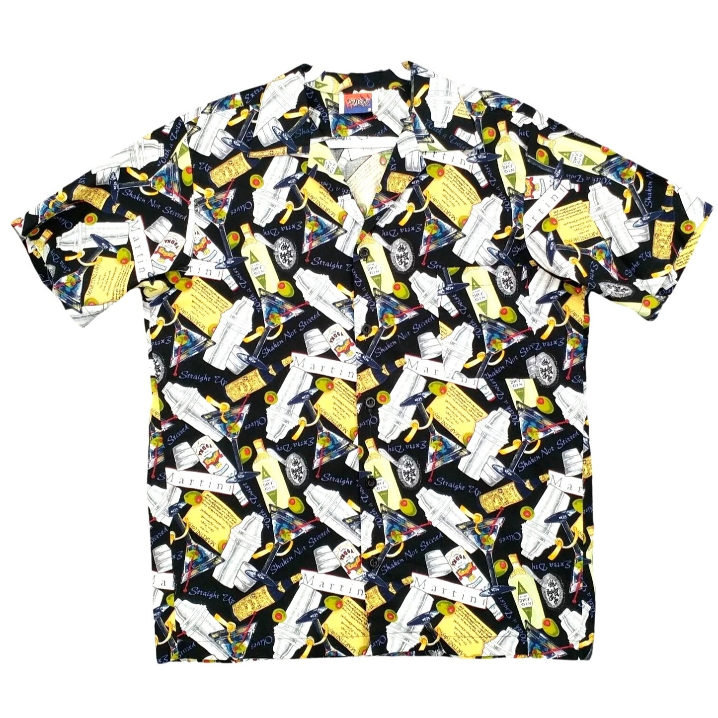 Dem'Crazy Vtg USA Made Hawaiian Camp Shirt Martini Cocktail Drink Theme Size XL