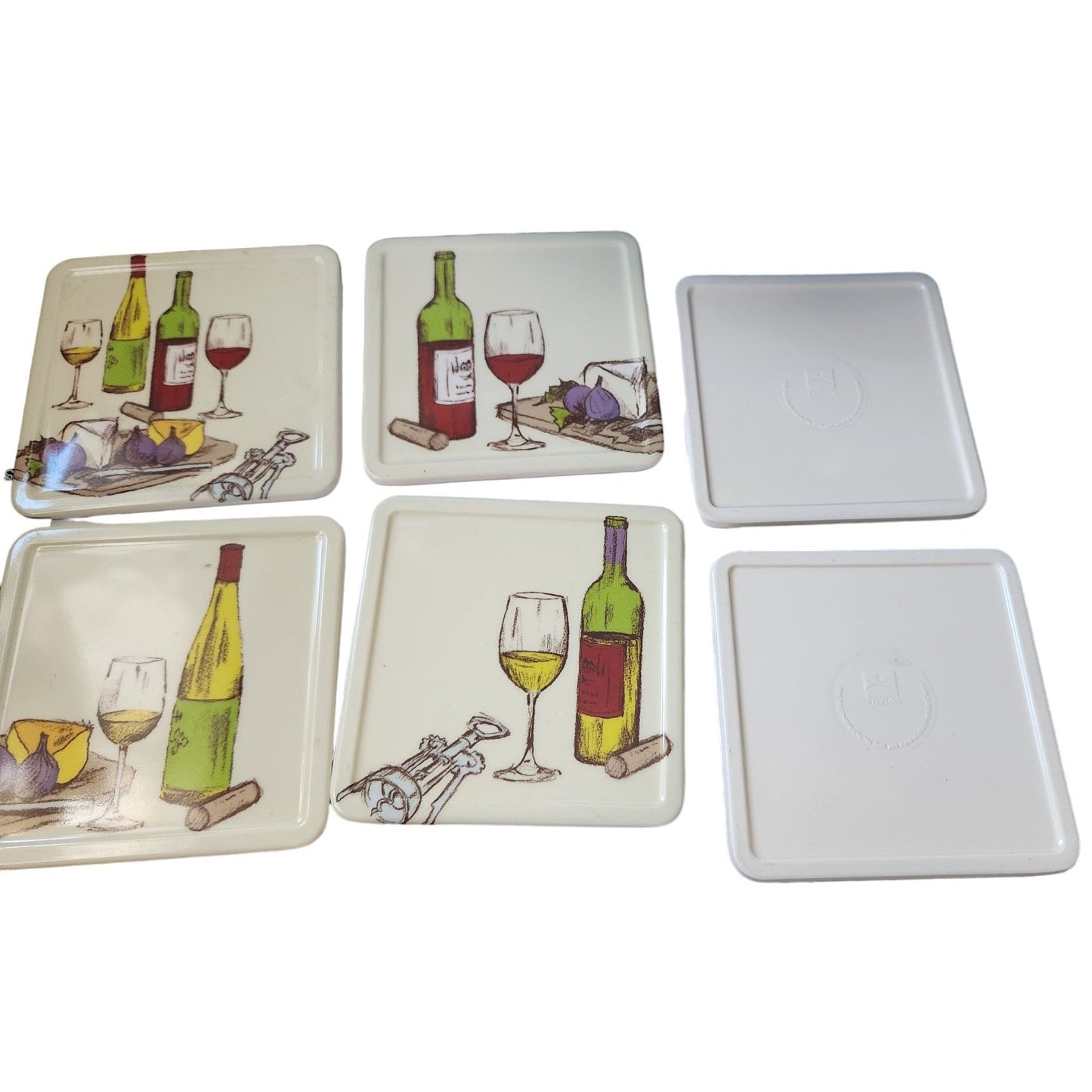 Coasters set of 6 Precidio Plastic Colorful Wine designs 4 different  4" x 4"