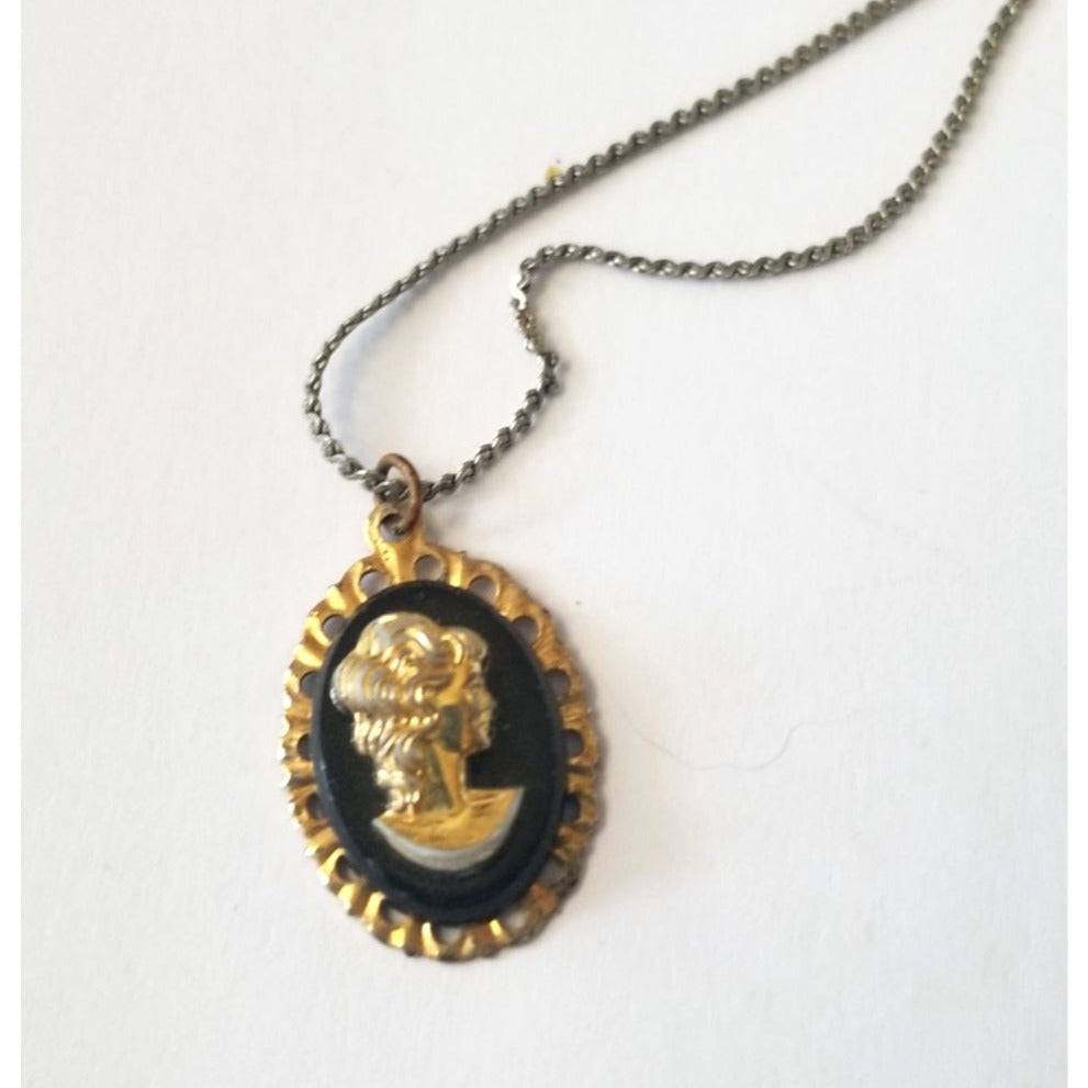 Vintage Gold & Black Cameo Pendant Necklace With Chain  1 " Oval Frame Elegant Design