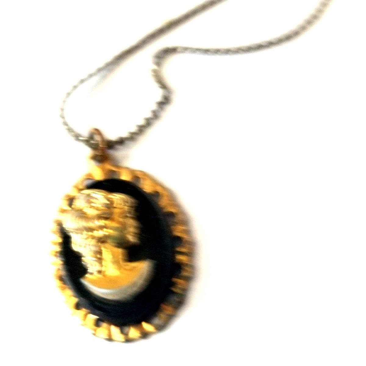 Vintage Gold & Black Cameo Pendant Necklace With Chain  1 " Oval Frame Elegant Design