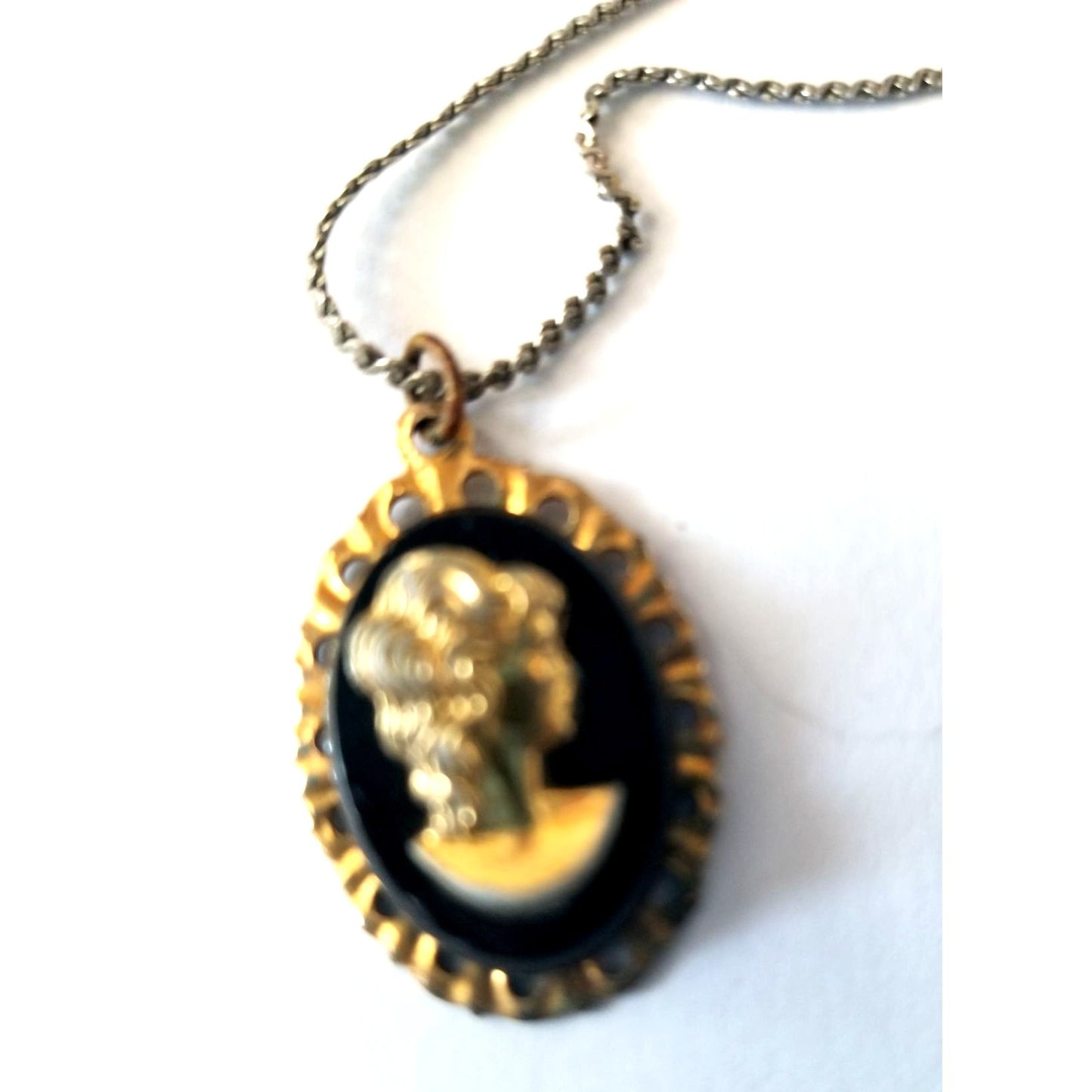 Vintage Gold & Black Cameo Pendant Necklace With Chain  1 " Oval Frame Elegant Design