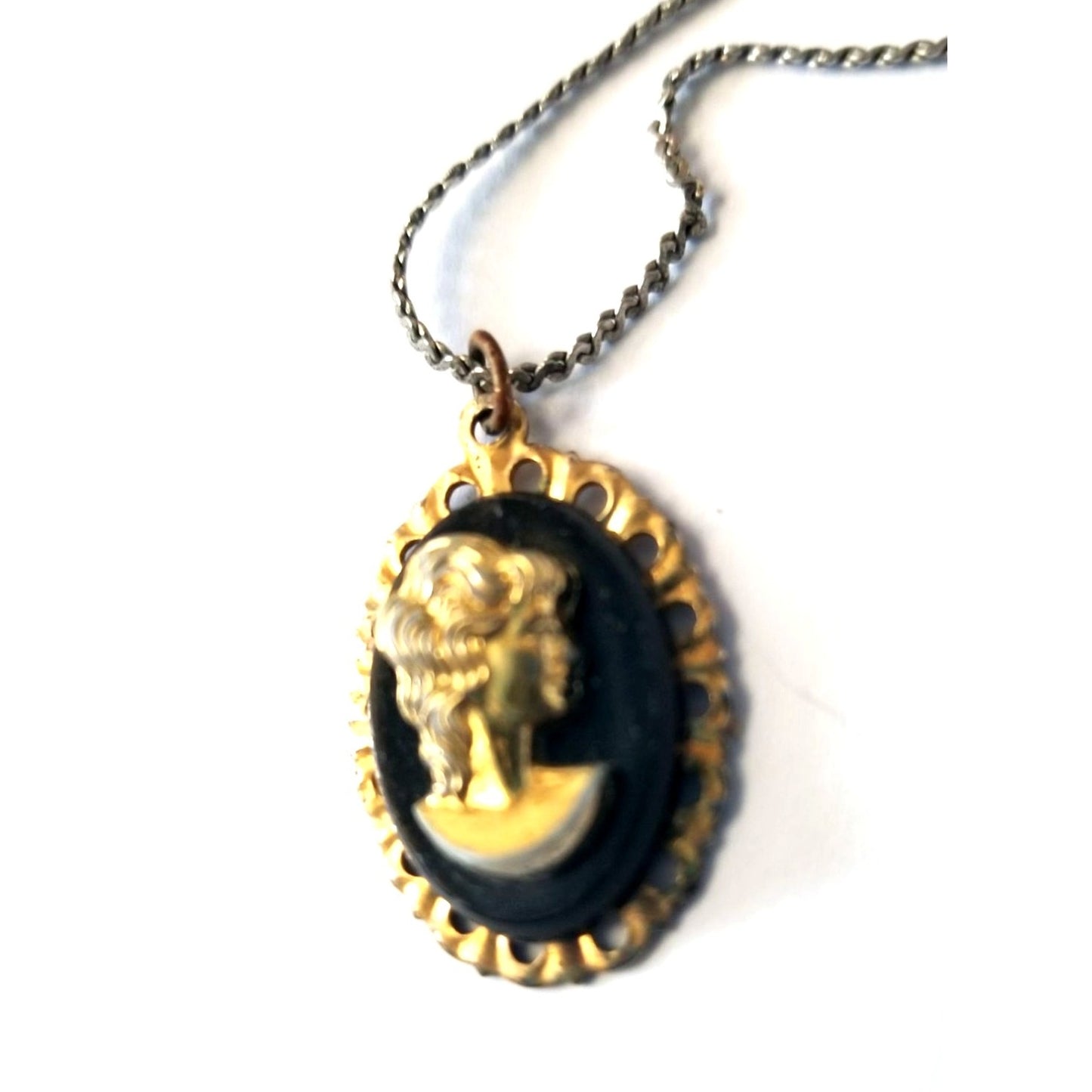 Vintage Gold & Black Cameo Pendant Necklace With Chain  1 " Oval Frame Elegant Design