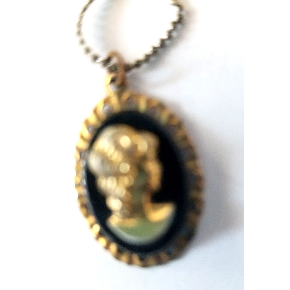 Vintage Gold & Black Cameo Pendant Necklace With Chain  1 " Oval Frame Elegant Design