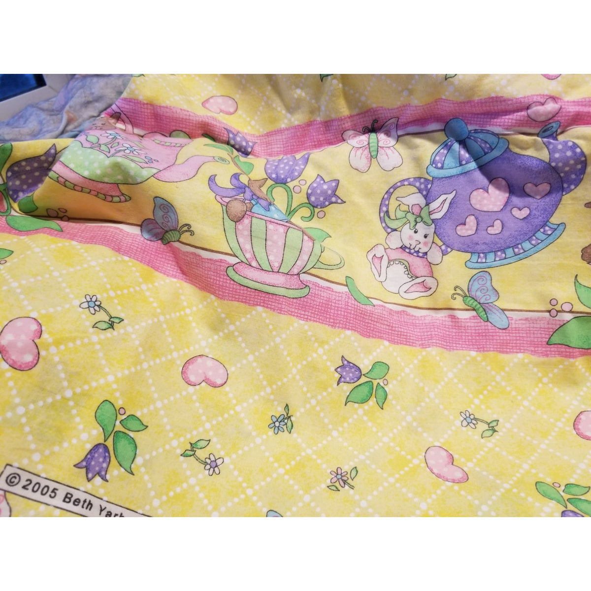 Material Cotton Daisy Kingdom Easter Teaparty Fabric By Beth Yarbrough 2005 Yellow Floral & Butterfly Print 44" x  72" Cotton