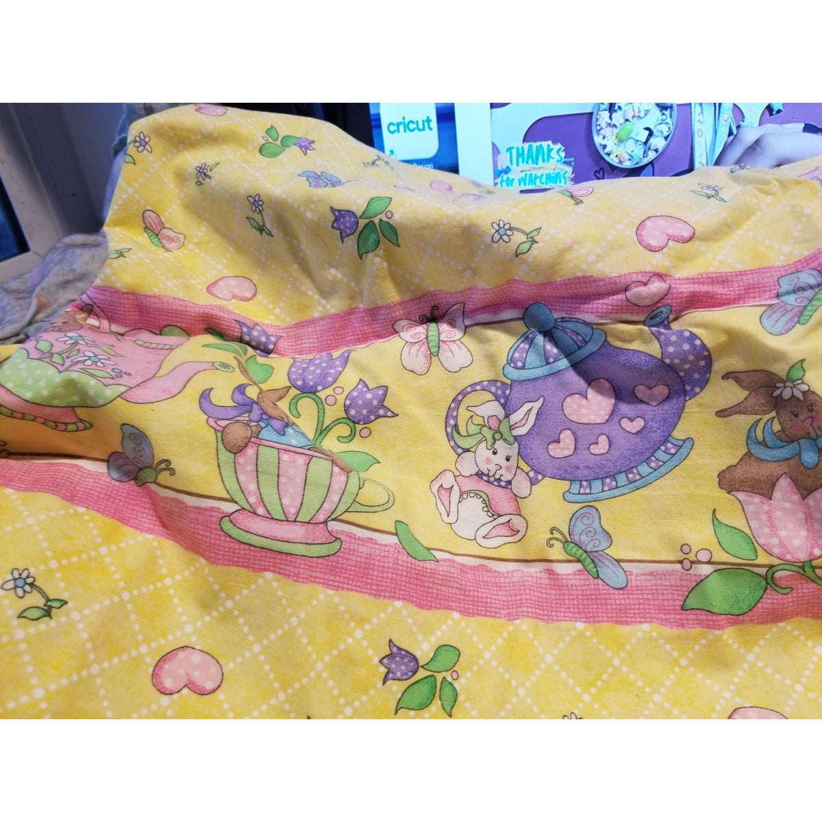 Material Cotton Daisy Kingdom Easter Teaparty Fabric By Beth Yarbrough 2005 Yellow Floral & Butterfly Print 44" x  72" Cotton