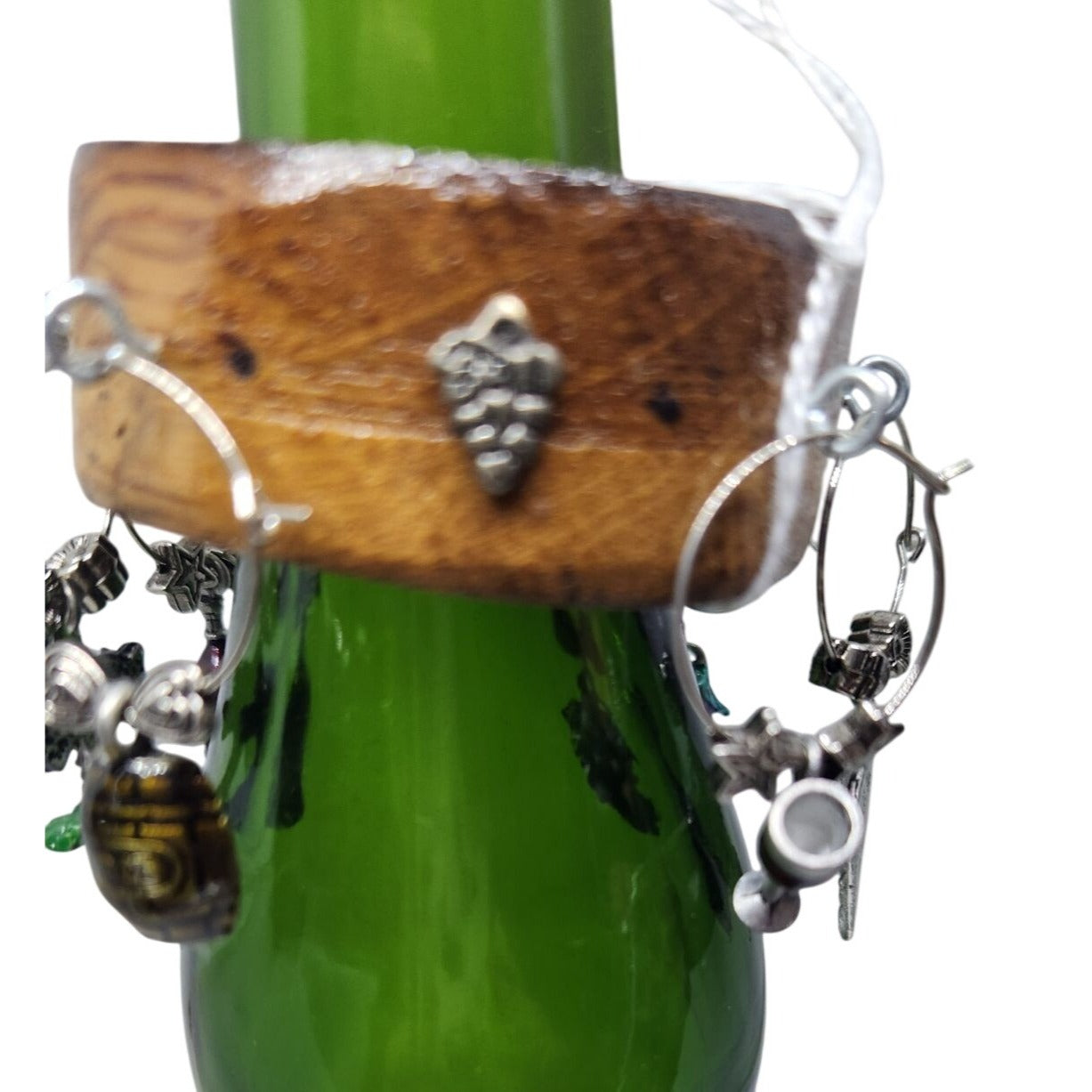 Wine Bottle Charm Set  6 Gold Color Painted Metal Charm Glass Bead on Wine Stave