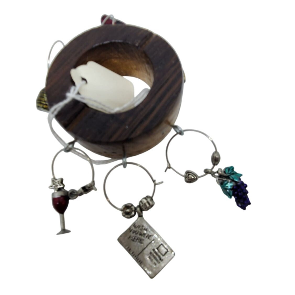 Wine Bottle Charm Set  6 Gold Color Painted Metal Charm Glass Bead on Wine Stave