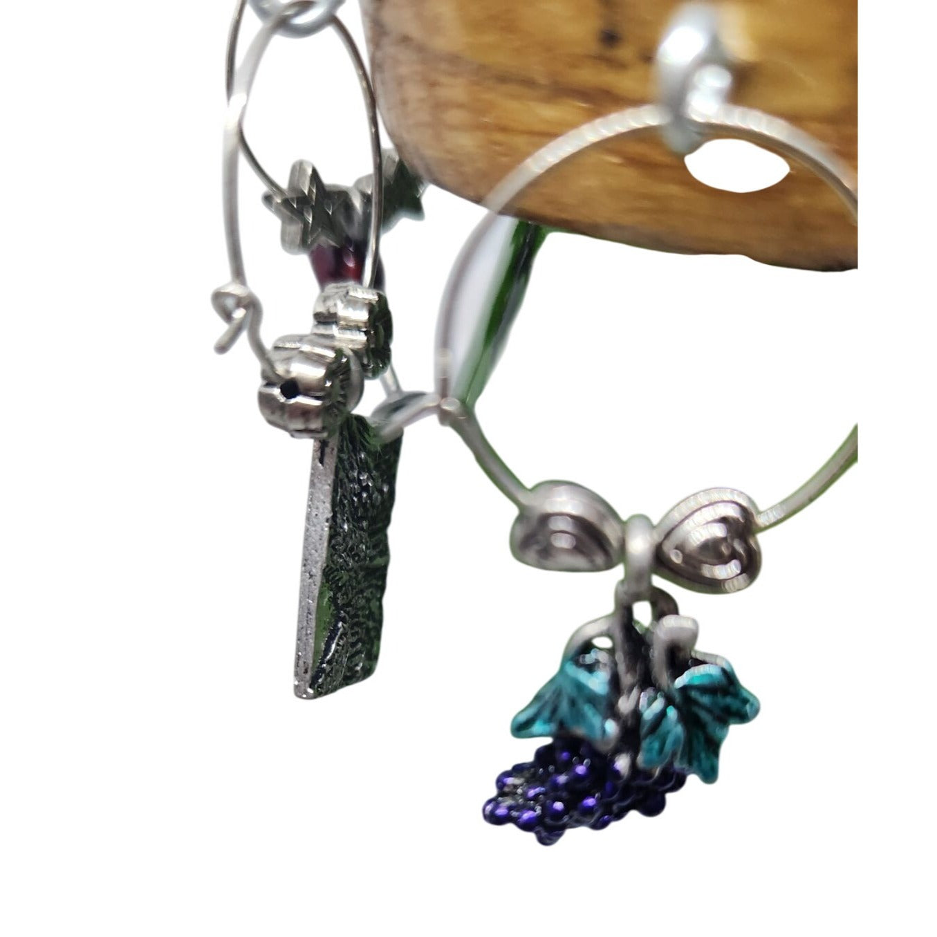 Wine Bottle Charm Set  6 Gold Color Painted Metal Charm Glass Bead on Wine Stave