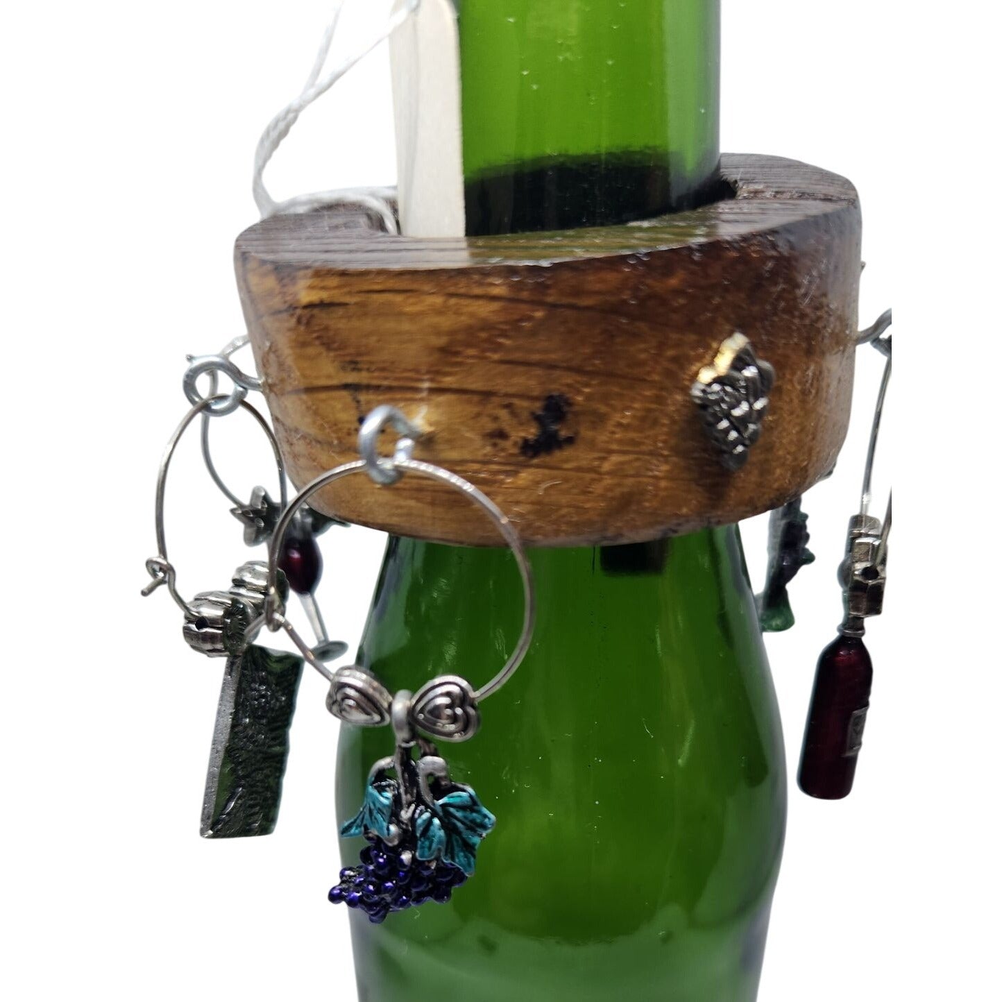 Wine Bottle Charm Set  6 Gold Color Painted Metal Charm Glass Bead on Wine Stave