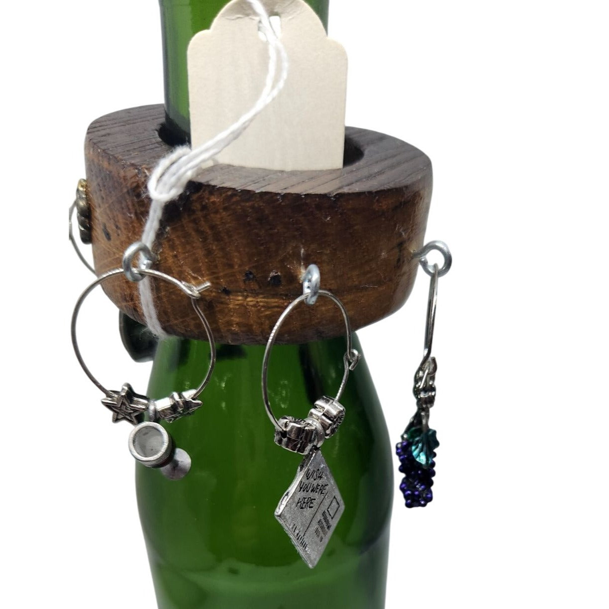 Wine Bottle Charm Set  6 Gold Color Painted Metal Charm Glass Bead on Wine Stave