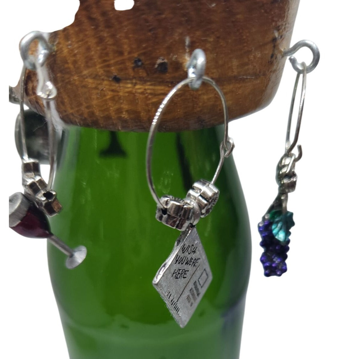 Wine Bottle Charm Set  6 Gold Color Painted Metal Charm Glass Bead on Wine Stave