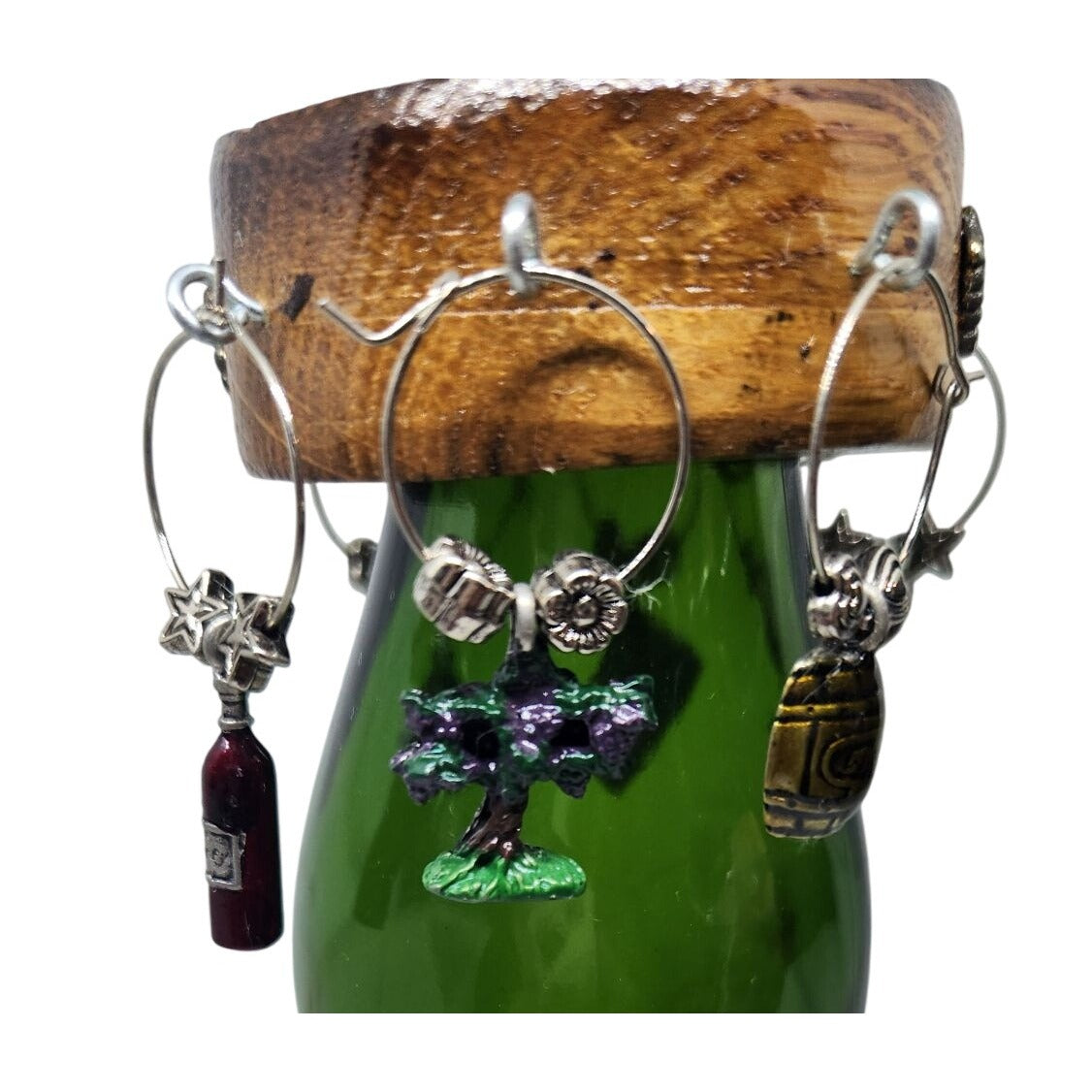 Wine Bottle Charm Set  6 Gold Color Painted Metal Charm Glass Bead on Wine Stave