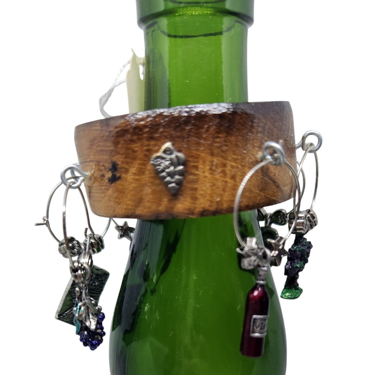 Wine Bottle Charm Set  6 Gold Color Painted Metal Charm Glass Bead on Wine Stave