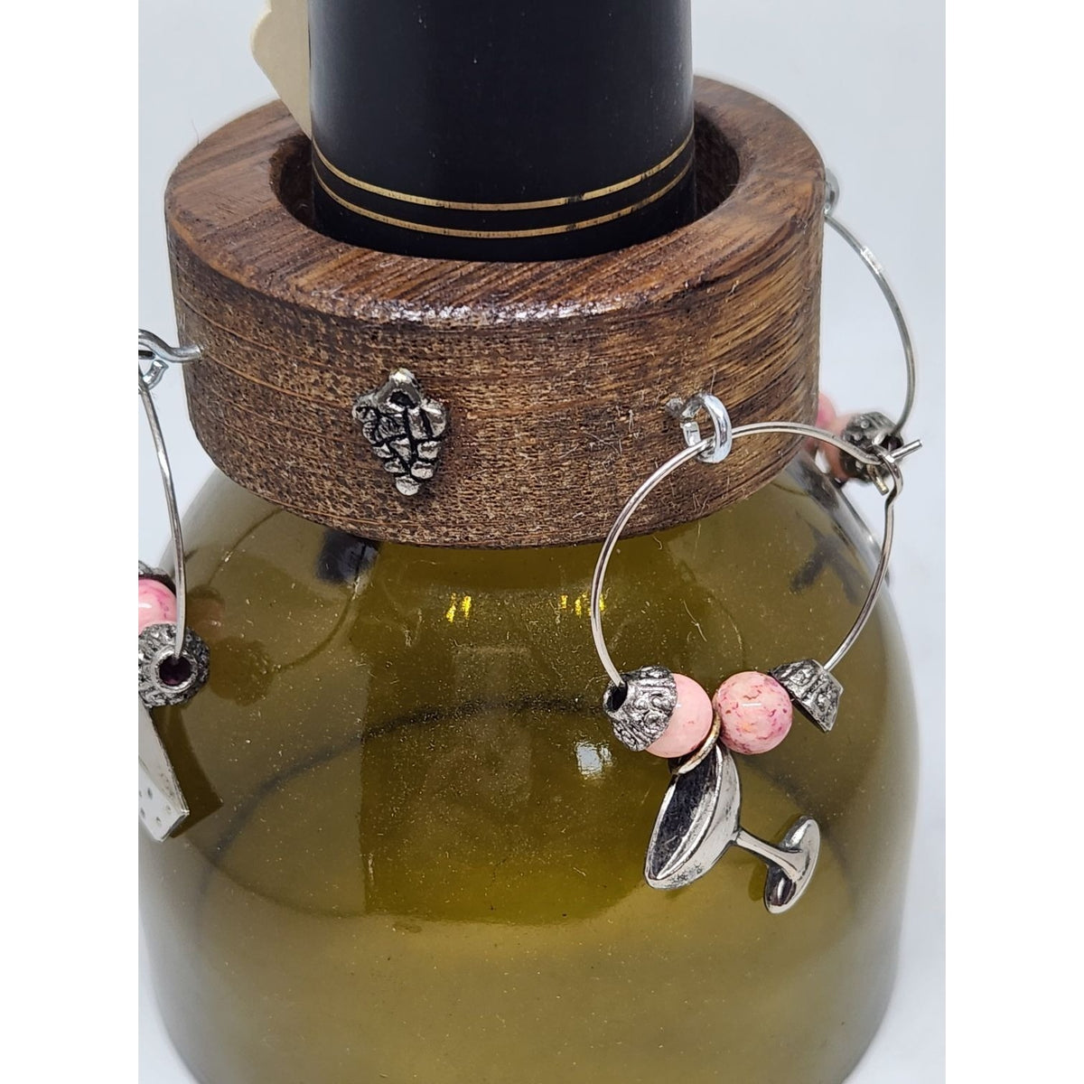 Wine  Glass Charms Wine Glass Markers Set of 4 Beads and Charms on Wine Barrel Stave Circle