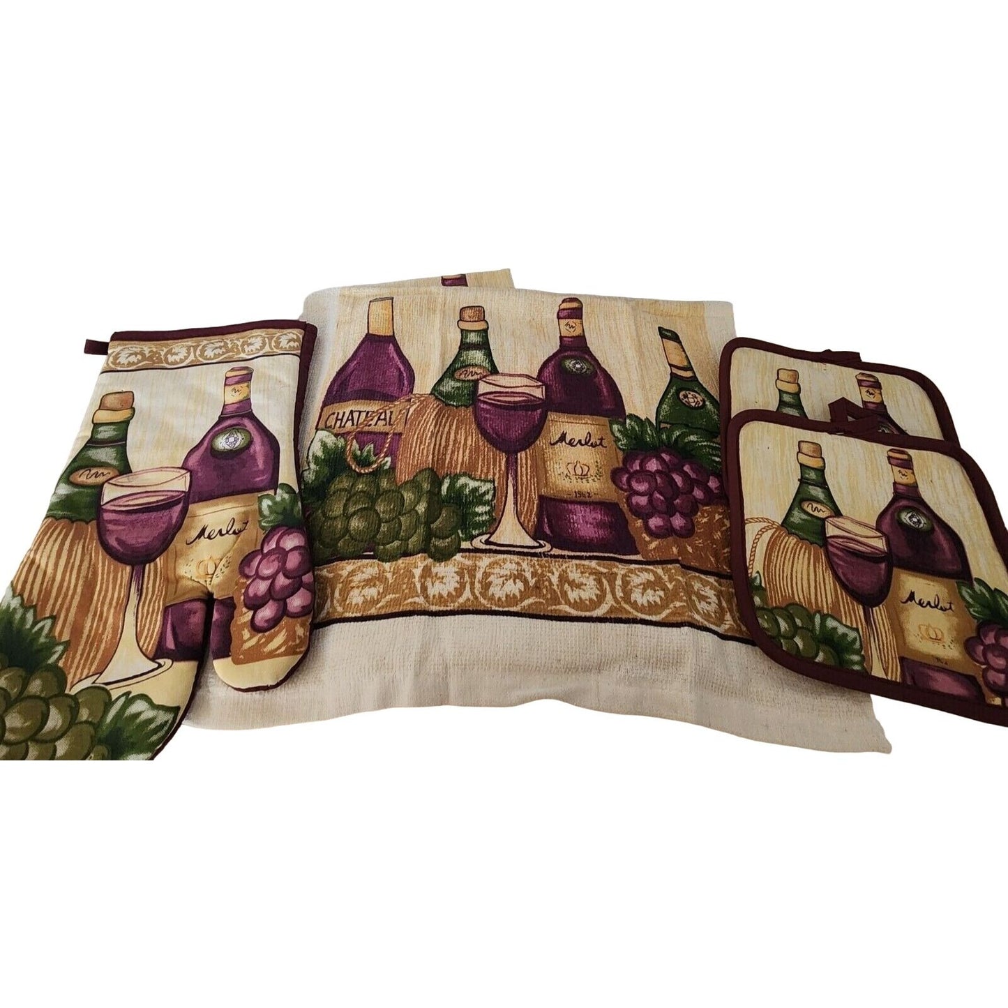 Kitchen Towel 5 Piece Set Merlot 2   2 Towels  2 Pot Holders, 1 Oven Mitt 100% Cotton
