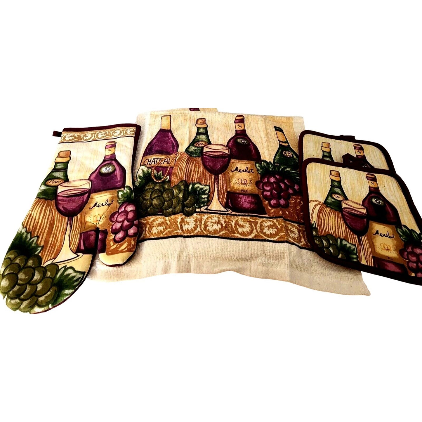 Kitchen Towel 5 Piece Set Merlot 2   2 Towels  2 Pot Holders, 1 Oven Mitt 100% Cotton