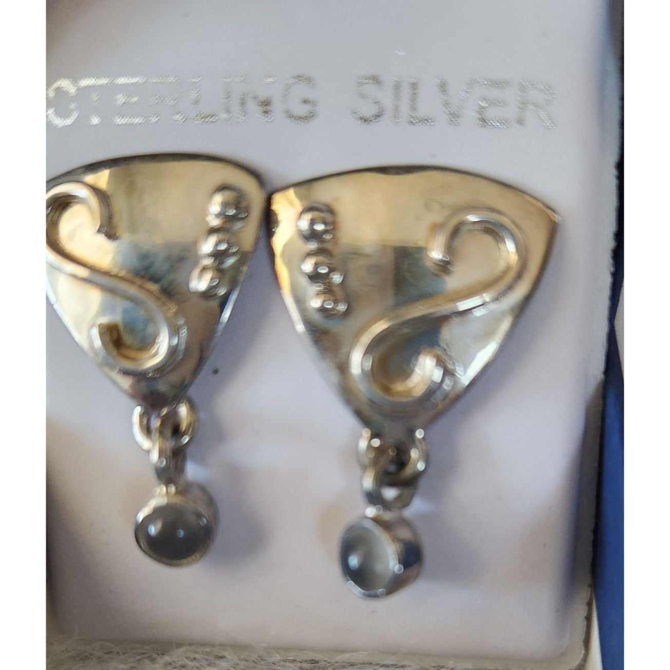 Earrings MoonStone Post Silver Triangle Drop 4.3 gr  Jerry & Fran Harr Handmade