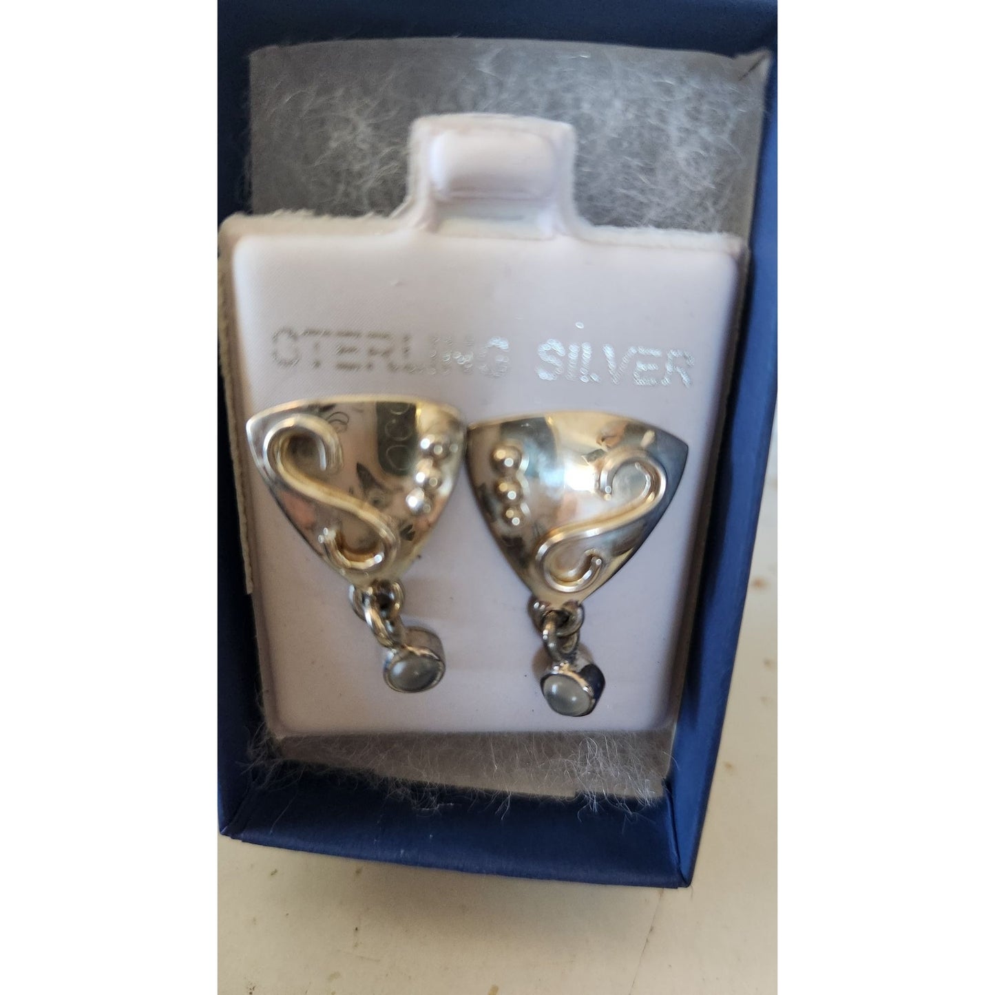 Earrings MoonStone Post Silver Triangle Drop 4.3 gr  Jerry & Fran Harr Handmade