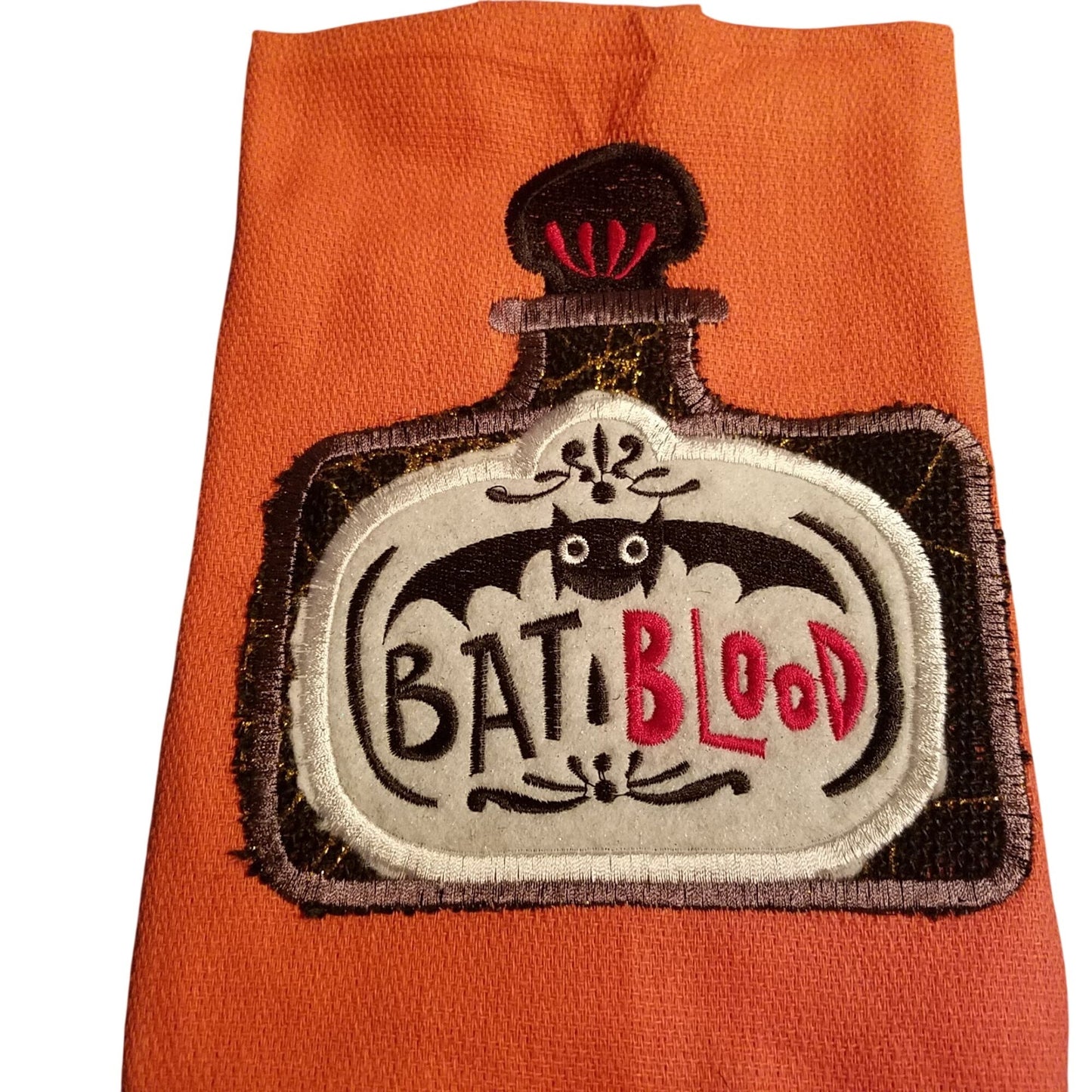 Kitchen Towels  Embroidered set of 2 Green Orange  Bat Blood 16" x 21"