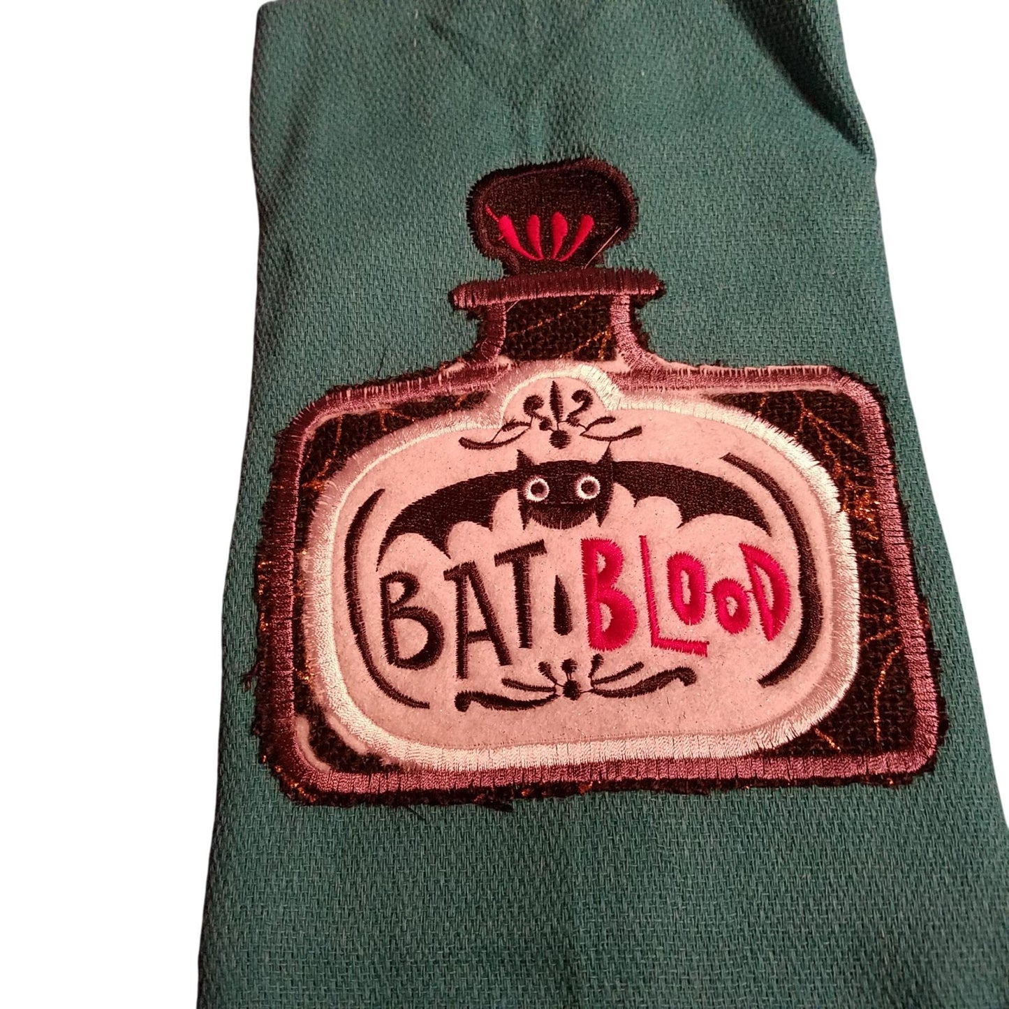Kitchen Towels  Embroidered set of 2 Green Orange  Bat Blood 16" x 21"