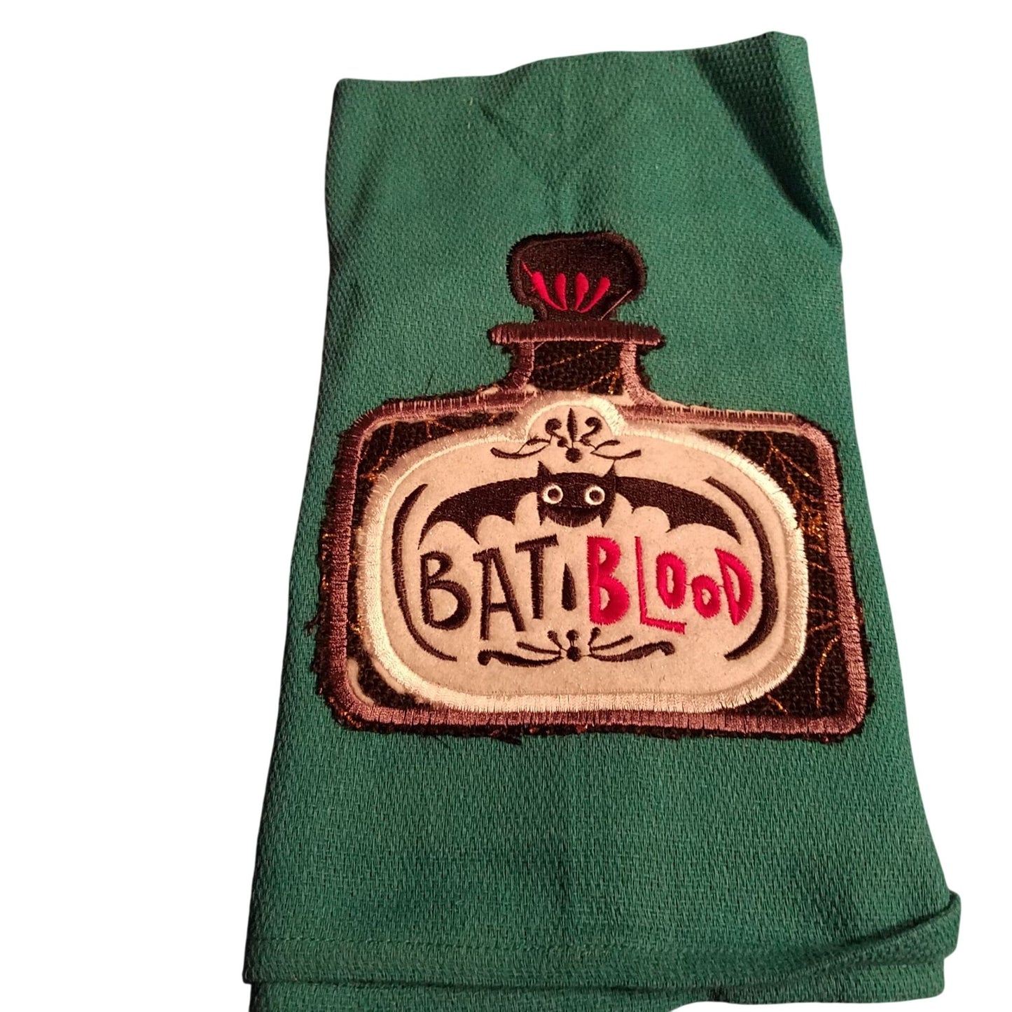 Kitchen Towels  Embroidered set of 2 Green Orange  Bat Blood 16" x 21"