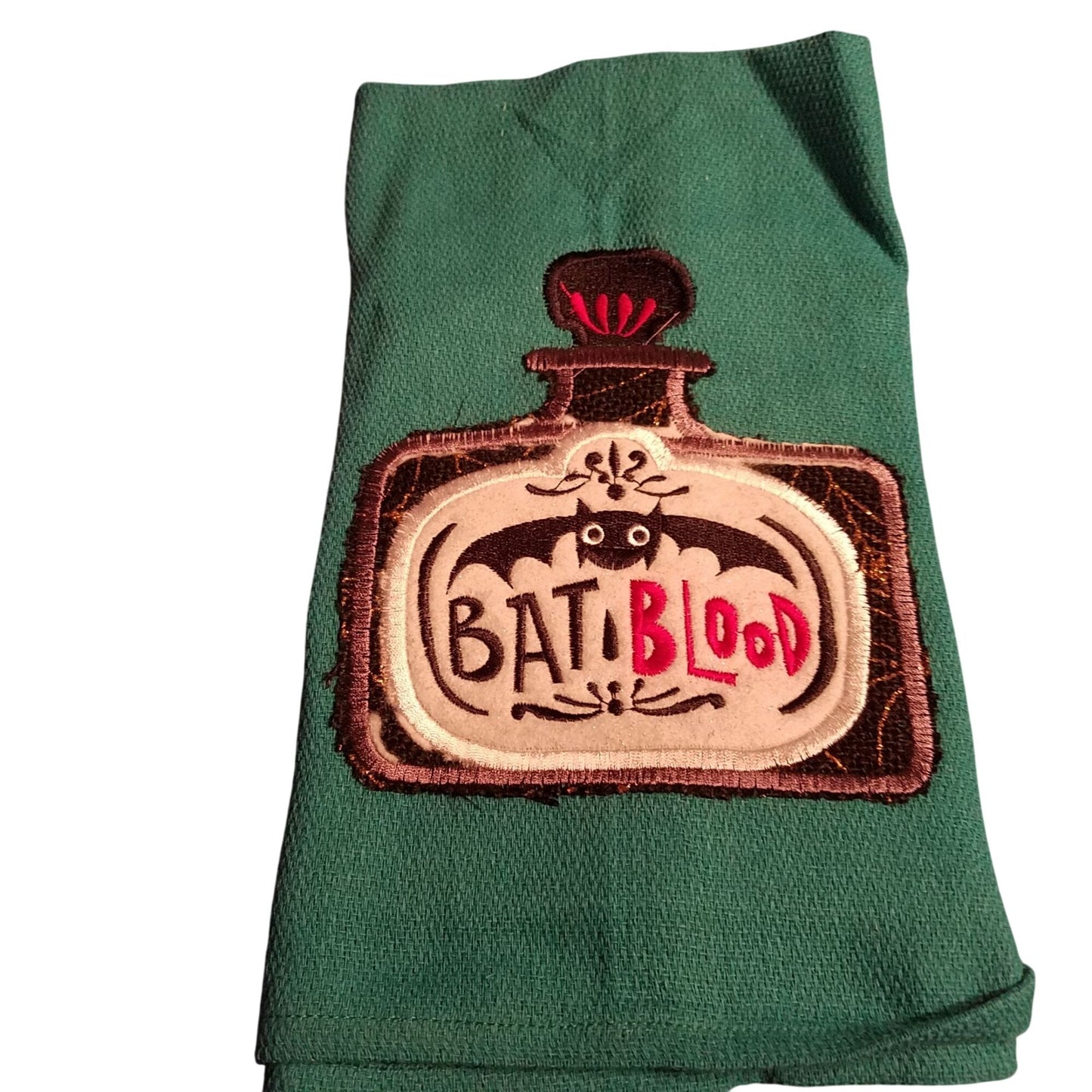 Kitchen Towels  Embroidered set of 2 Green Orange  Bat Blood 16" x 21"