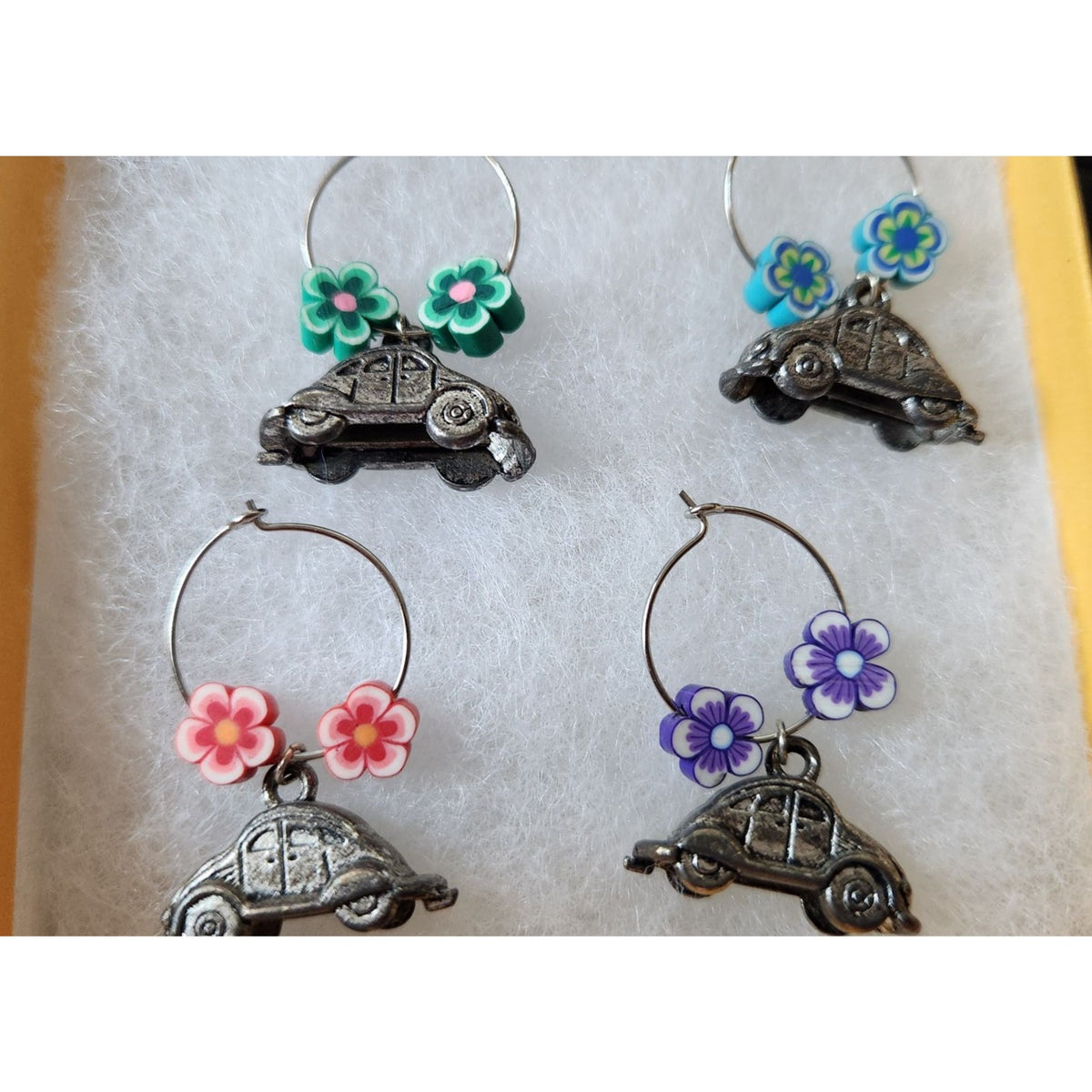 Wine Glass Charms Silver VW Bug Charms and Flowers Beads  Set 4  Charms