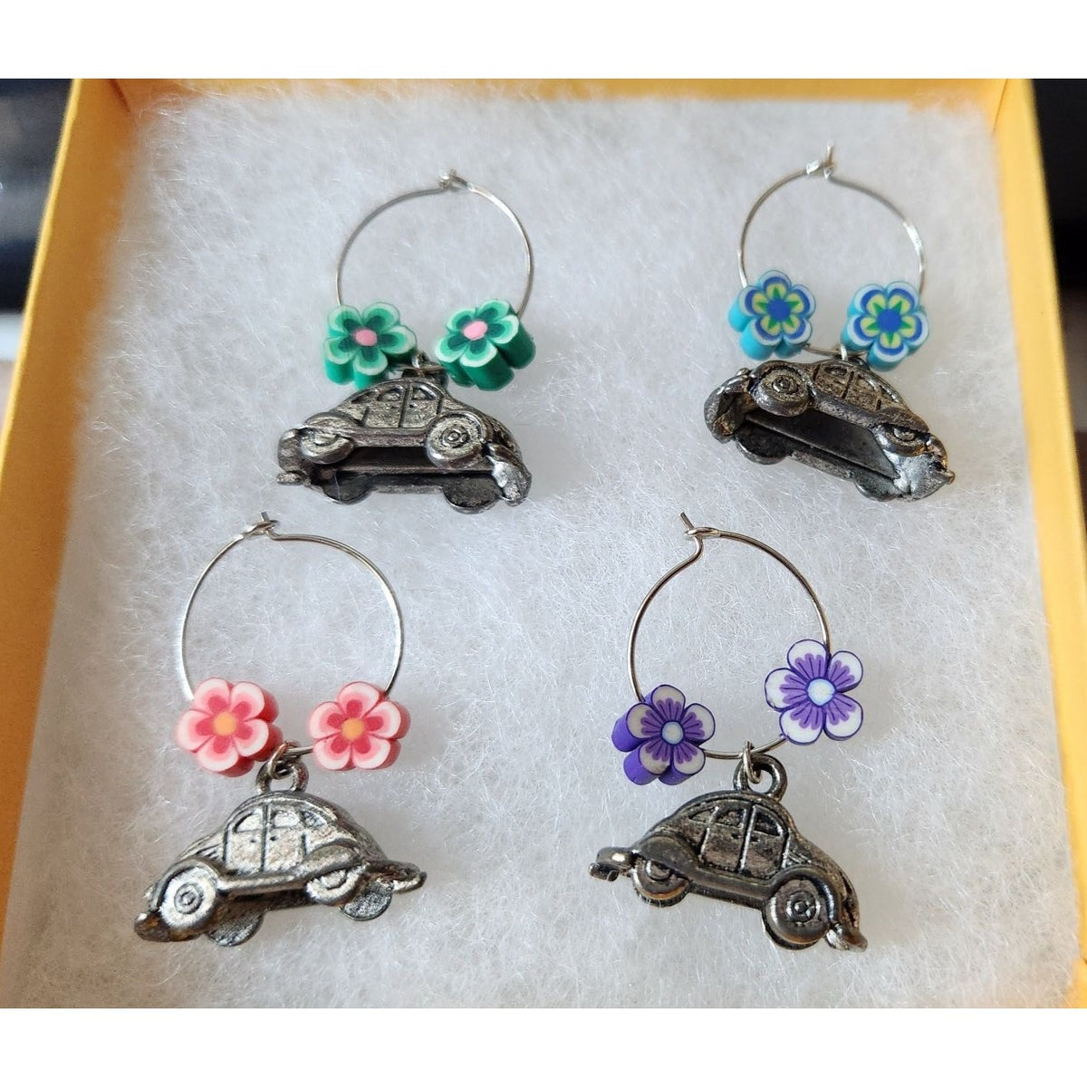 Wine Glass Charms Silver VW Bug Charms and Flowers Beads  Set 4  Charms