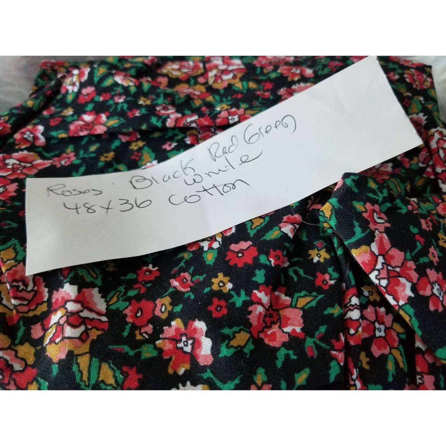 Material Black White Red Pink  Green Leaves Cotton Flowers Red White 48 " x 36"