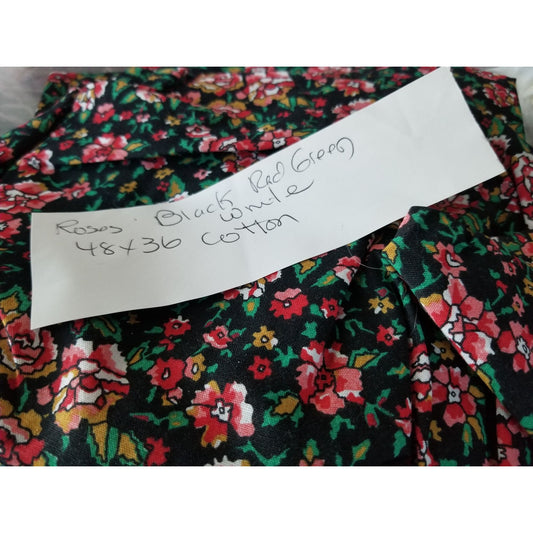 Material Black White Red Pink  Green Leaves Cotton Flowers Red White 48 " x 36"