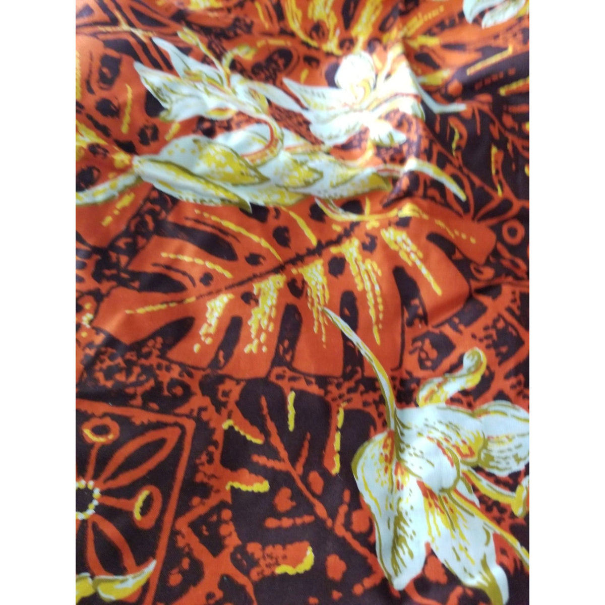 Material Cotton Orange Fabric  Hawaiian White Orange Flowers Brown Black  36" x  44" Cotton