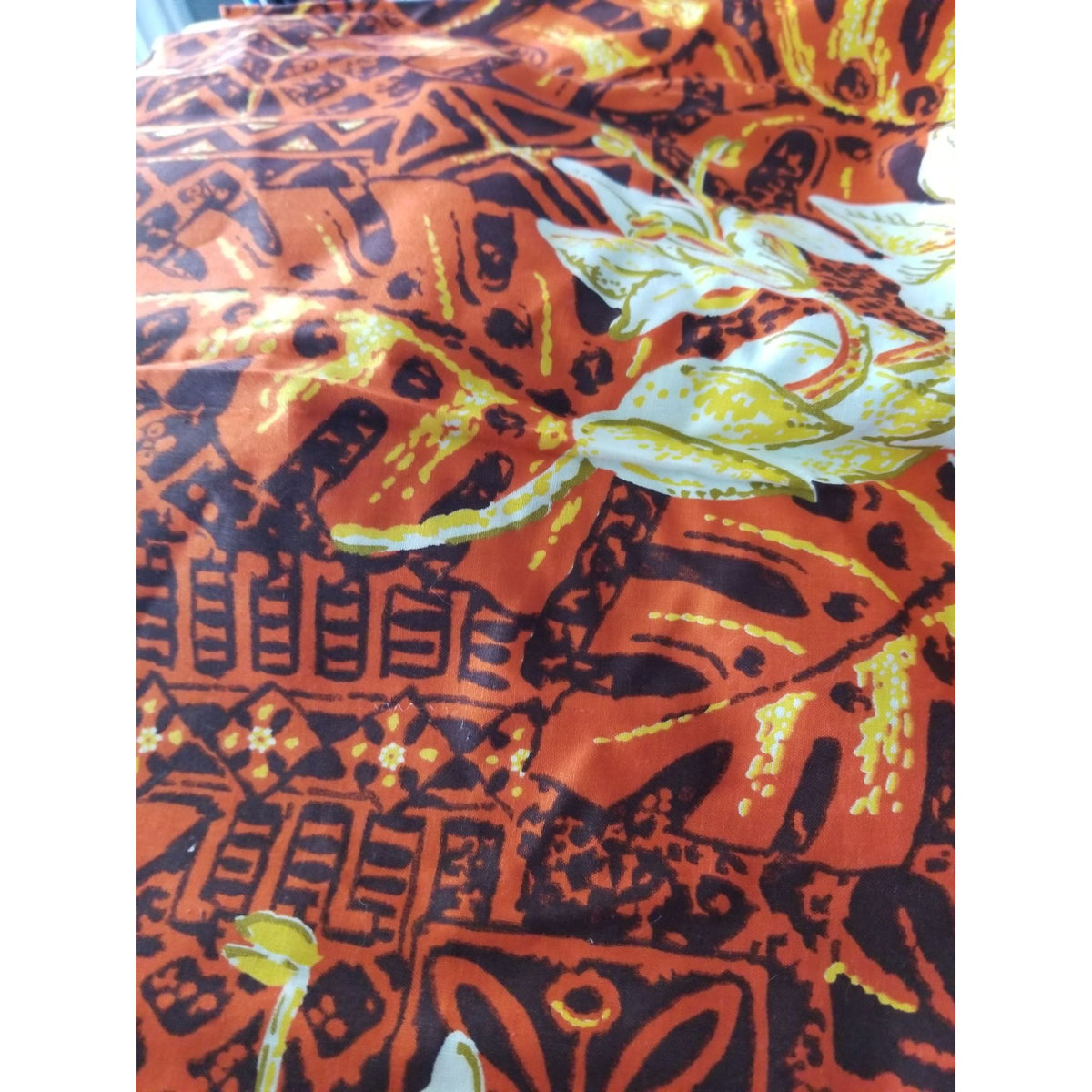 Material Cotton Orange Fabric  Hawaiian White Orange Flowers Brown Black  36" x  44" Cotton