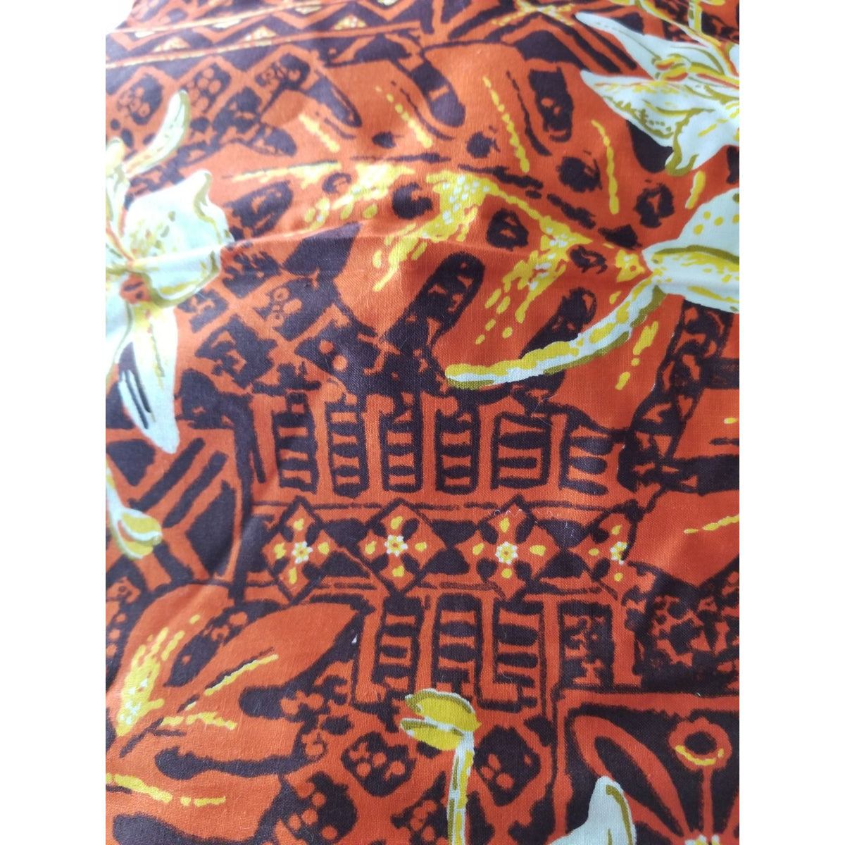 Material Cotton Orange Fabric  Hawaiian White Orange Flowers Brown Black  36" x  44" Cotton