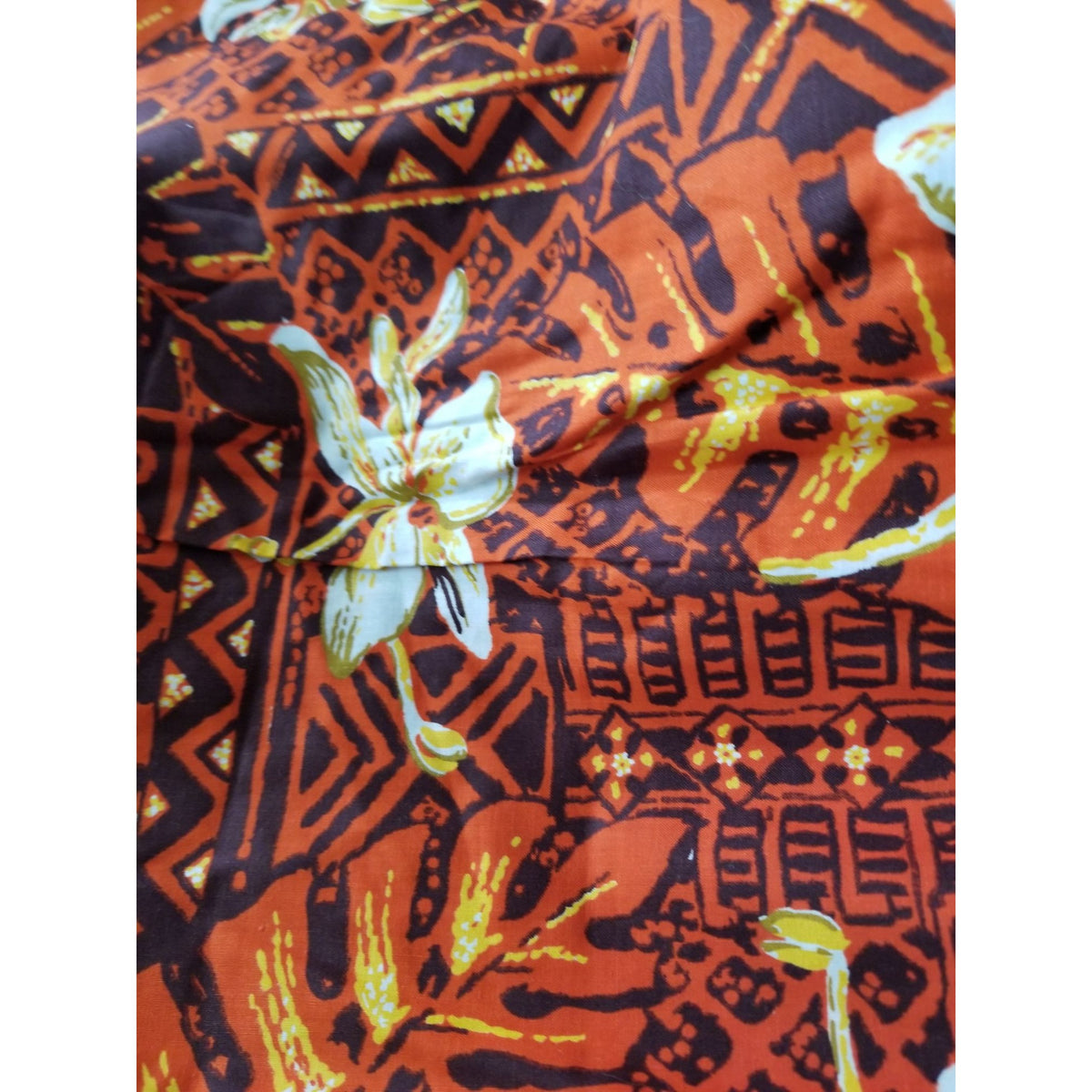 Material Cotton Orange Fabric  Hawaiian White Orange Flowers Brown Black  36" x  44" Cotton