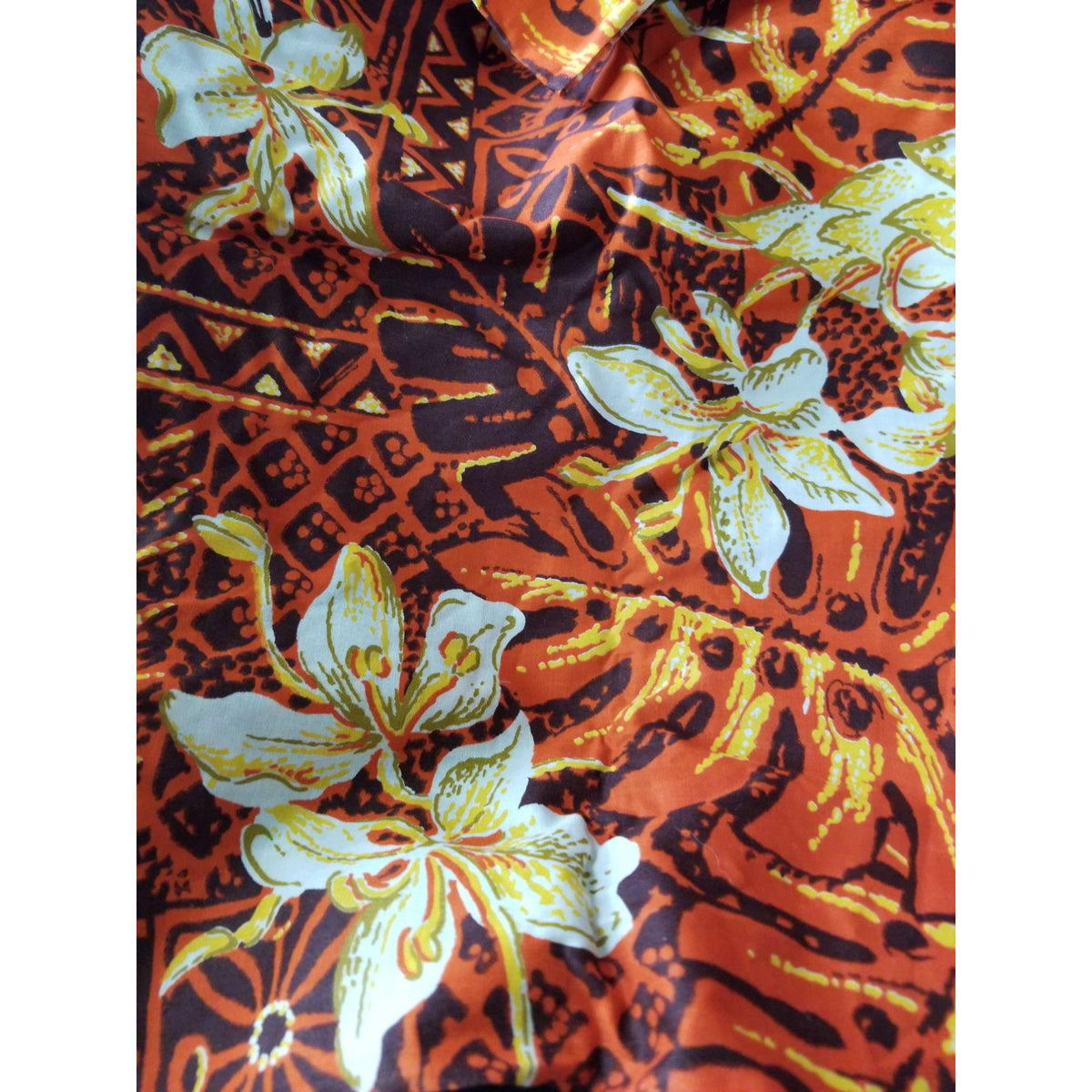Material Cotton Orange Fabric  Hawaiian White Orange Flowers Brown Black  36" x  44" Cotton