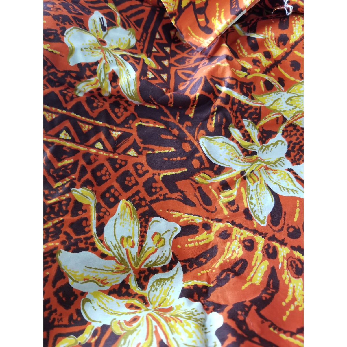 Material Cotton Orange Fabric  Hawaiian White Orange Flowers Brown Black  36" x  44" Cotton