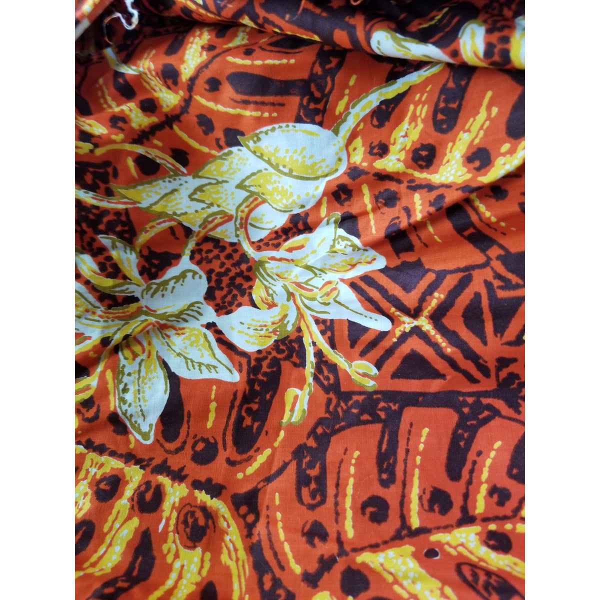 Material Cotton Orange Fabric  Hawaiian White Orange Flowers Brown Black  36" x  44" Cotton