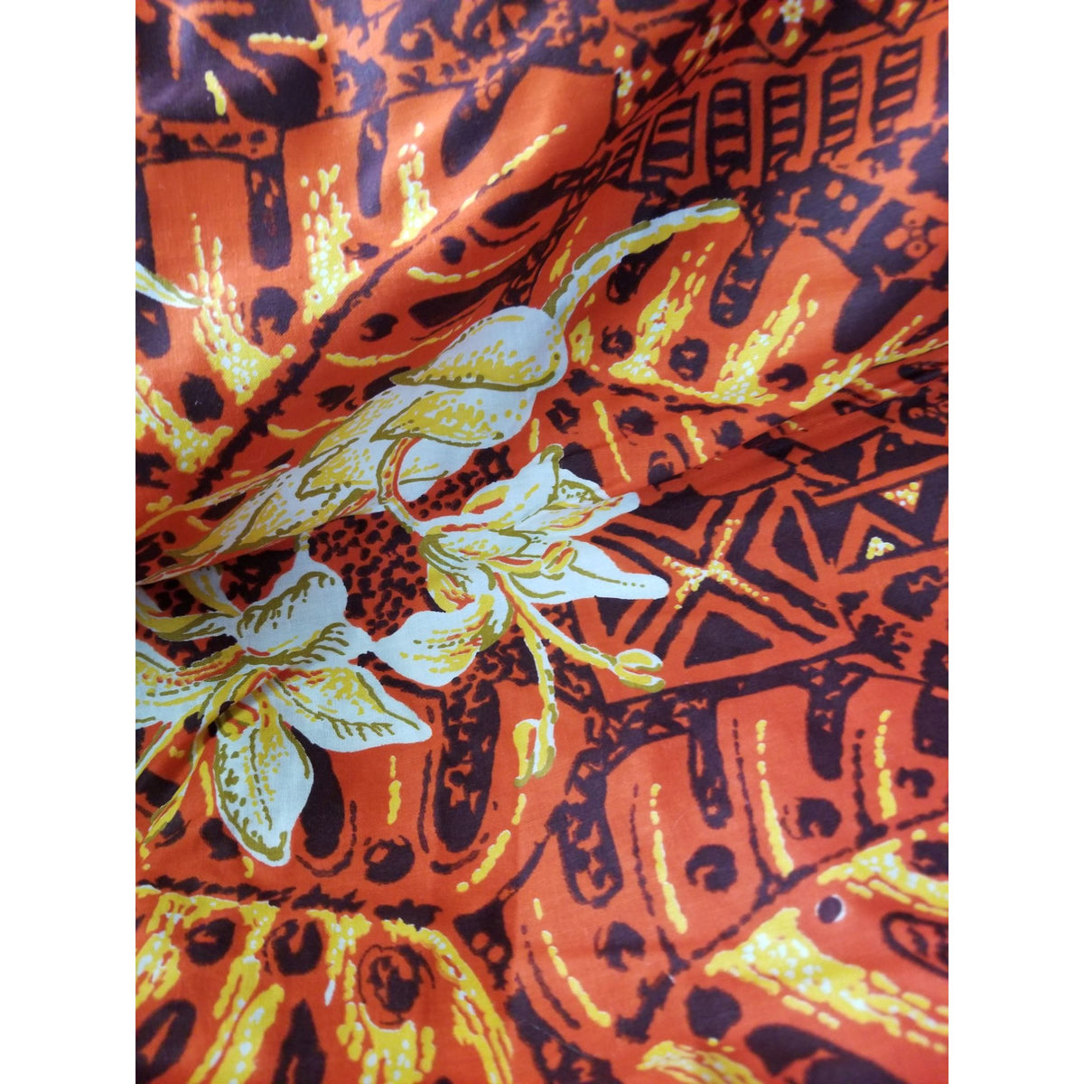 Material Cotton Orange Fabric  Hawaiian White Orange Flowers Brown Black  36" x  44" Cotton