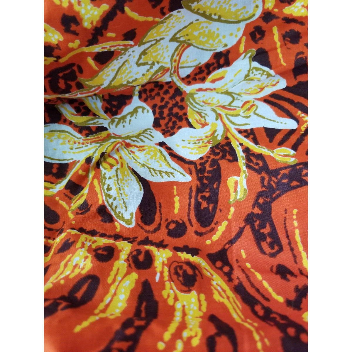 Material Cotton Orange Fabric  Hawaiian White Orange Flowers Brown Black  36" x  44" Cotton