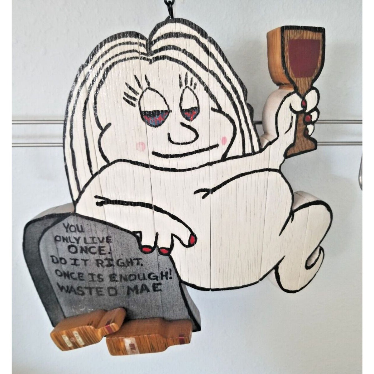 Wood Sign Halloween Wasted Mae Wine Bottle Ghost Red Wine Glass Live once Hanger